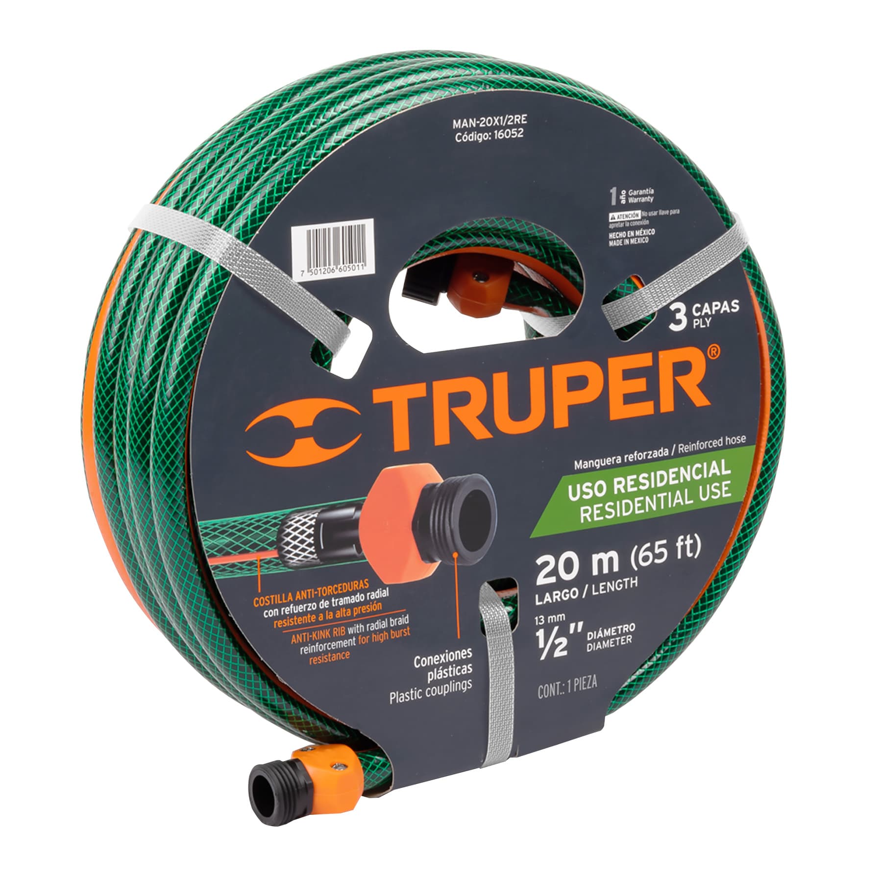 Manguera 1/2'' Truper color Verde Reforzada 3 Capas Conexiones Plásticas de 20 m