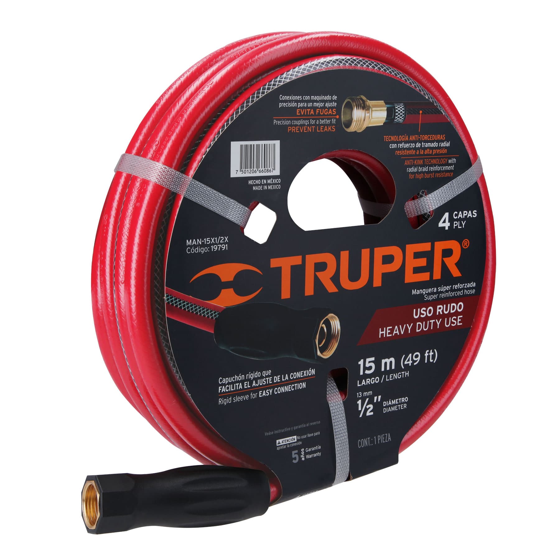 Manguera 1/2'' Truper color Rojo Super Reforzada 4 Capas Conexiones Metal de 15 m $2,545