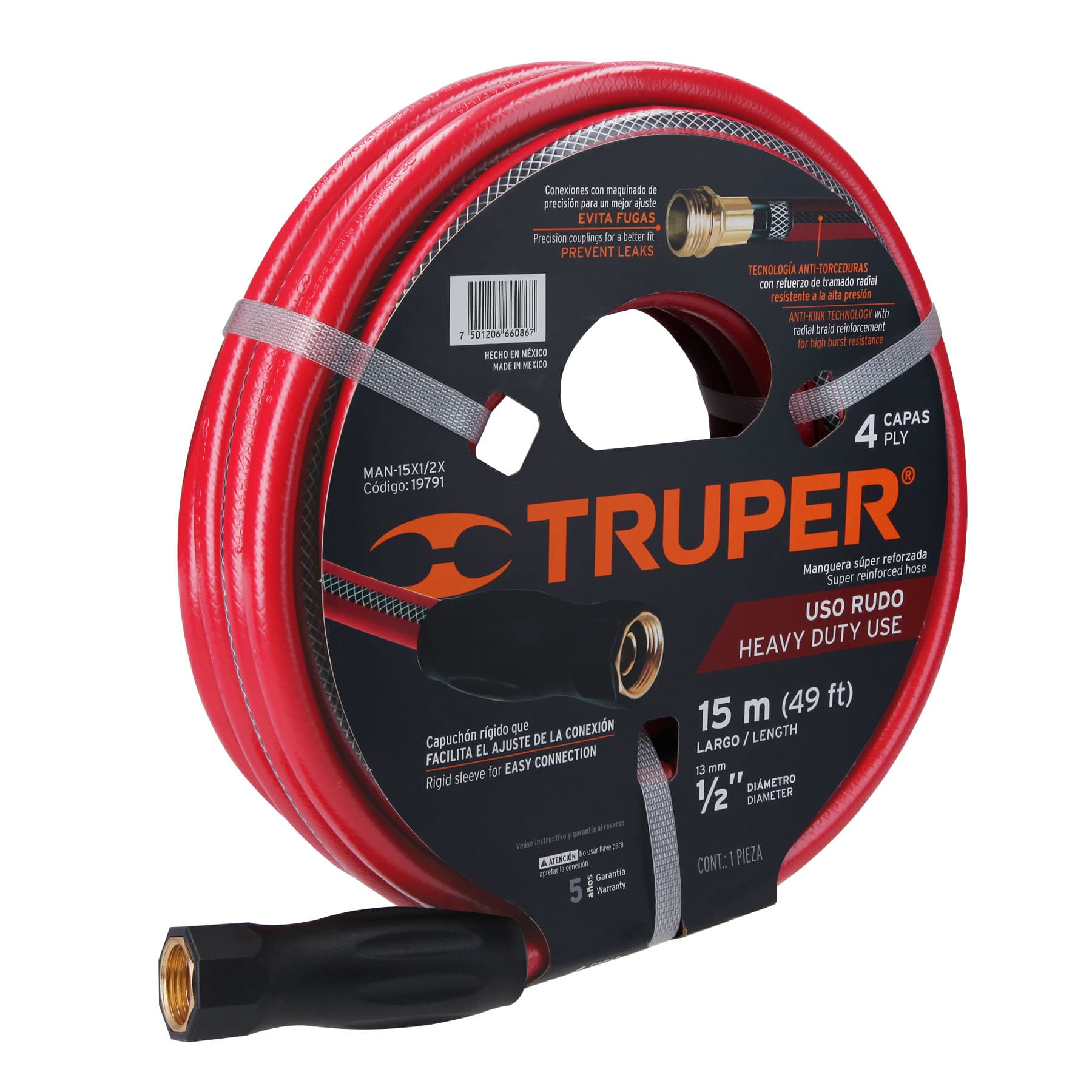 Manguera 1/2'' Truper color Rojo Super Reforzada 4 Capas Conexiones Metal de 15 m