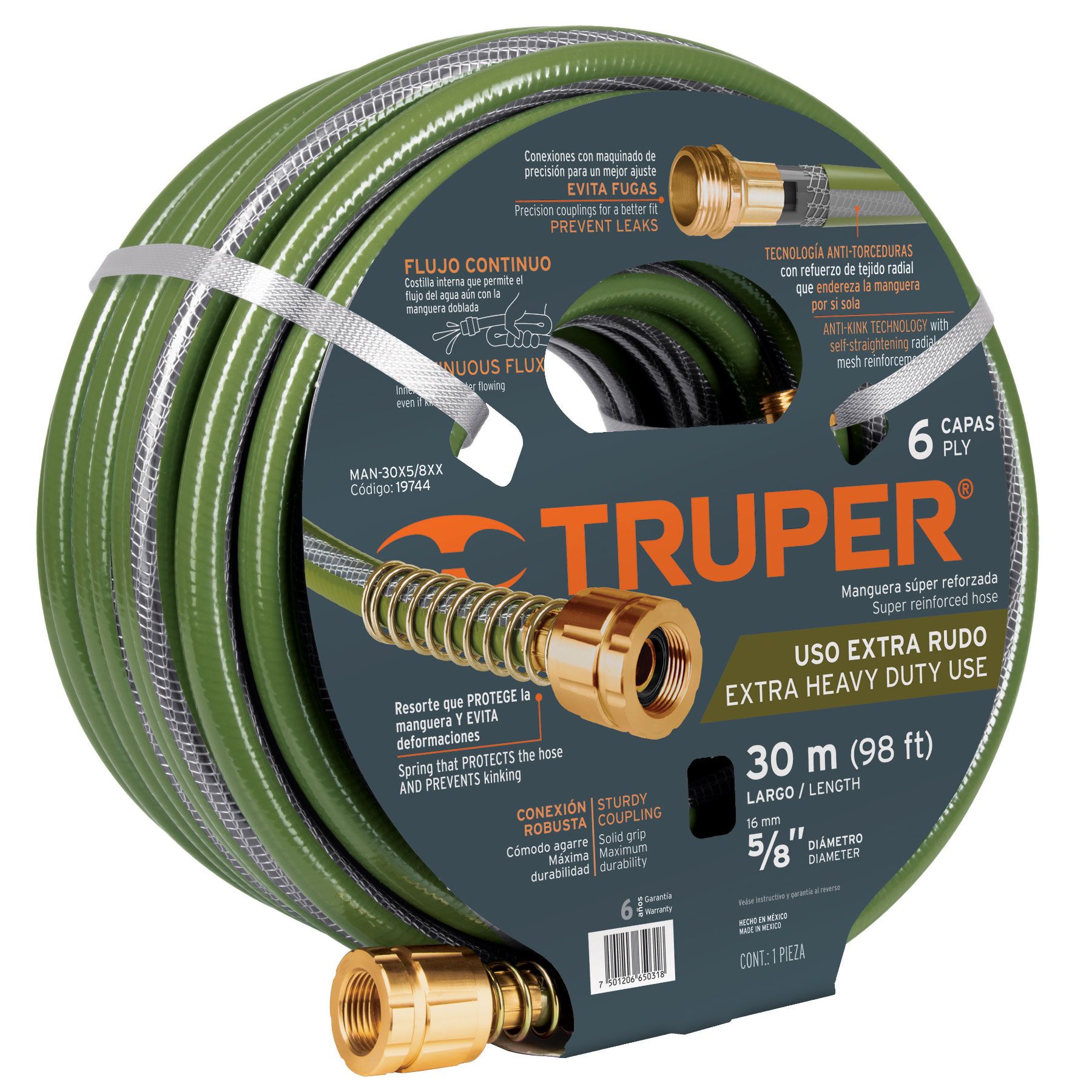 Foto 1 | Manguera Truper MAN-30X5/8XX color Verde 5/8'' 6 Capas Conexiones Metal 30 m