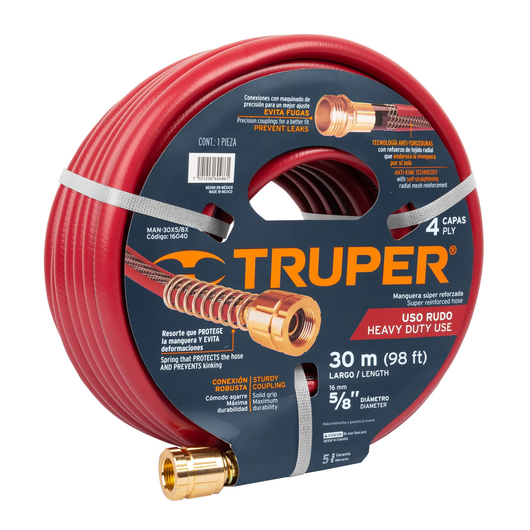 Manguera 5/8'' Truper color Rojo Super Reforzada 4 Capas Conexiones Metal de 30 m