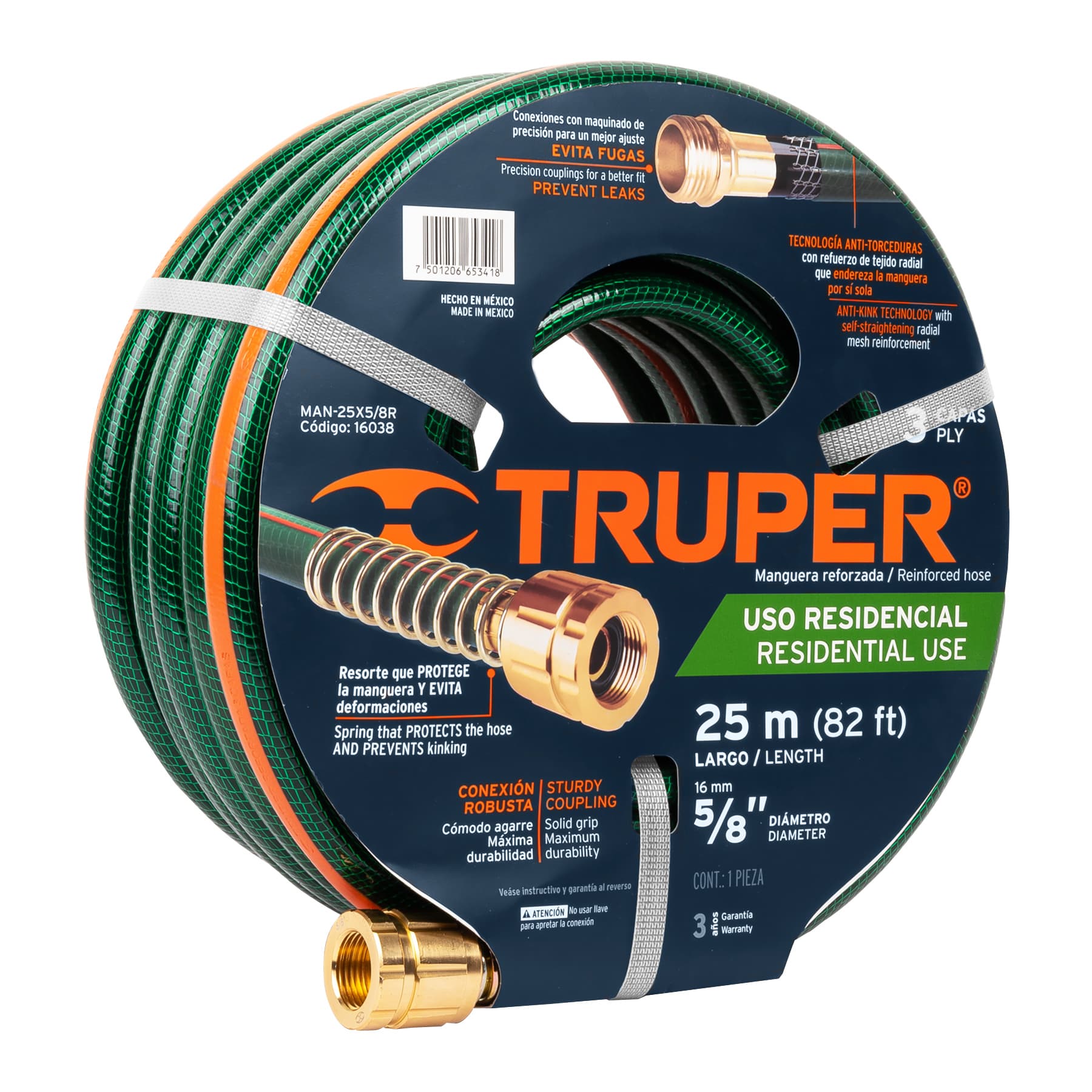 Manguera 5/8'' Reforzada 3 Capas Truper Conexiones de Metal 25 M