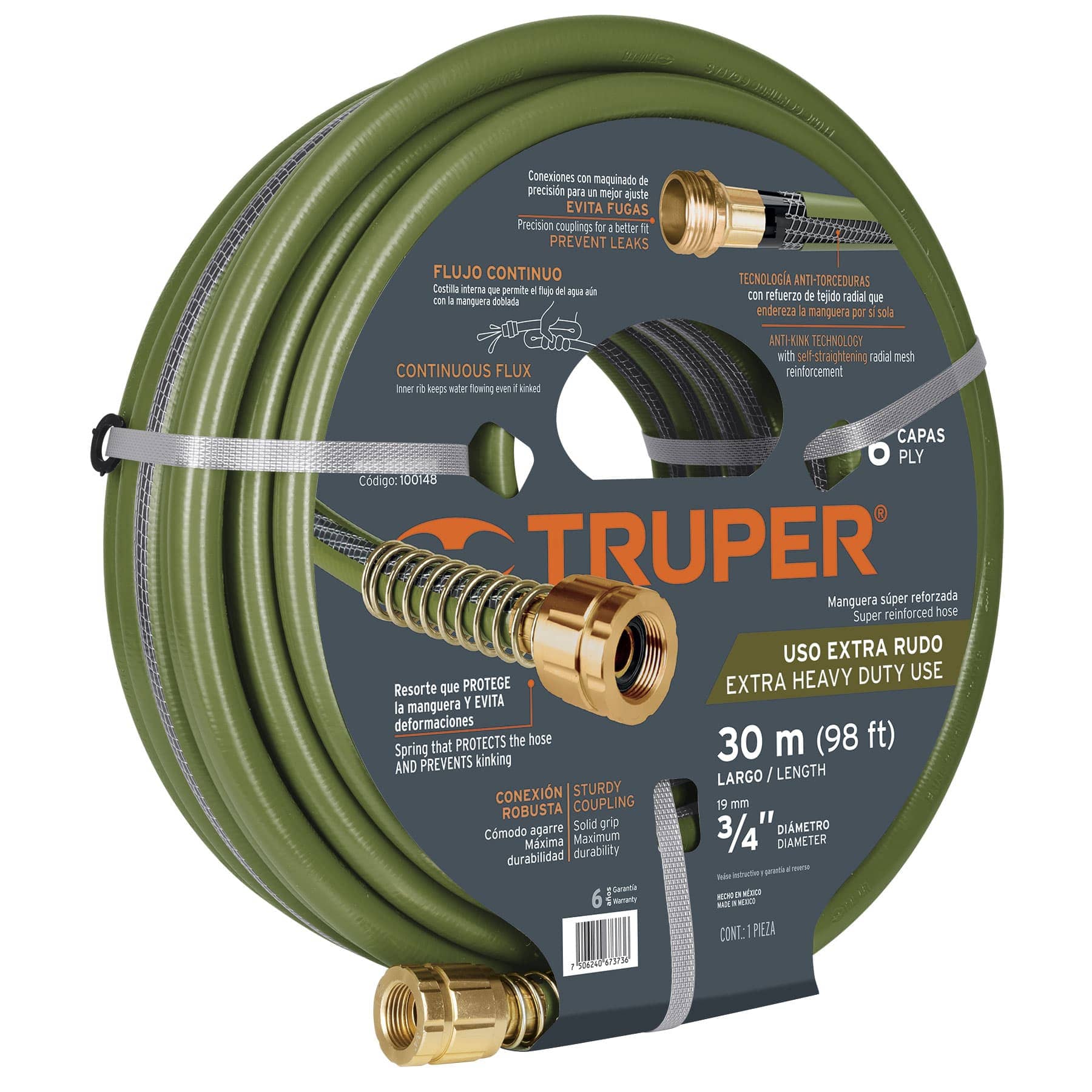 Manguera Truper MAN-30X3/4XX color Verde 3/4'' 6 Capas Conexiones Metal 30 m