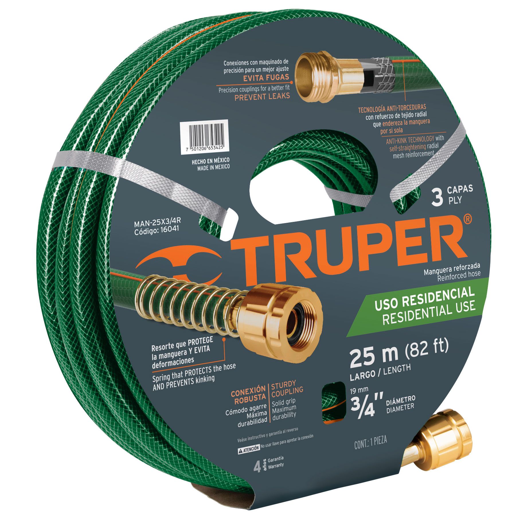 Foto 2 pulgar | Manguera Truper MAN-25X3/4R color Verde 3/4'' 3 Capas Conexiones Metal 25 m