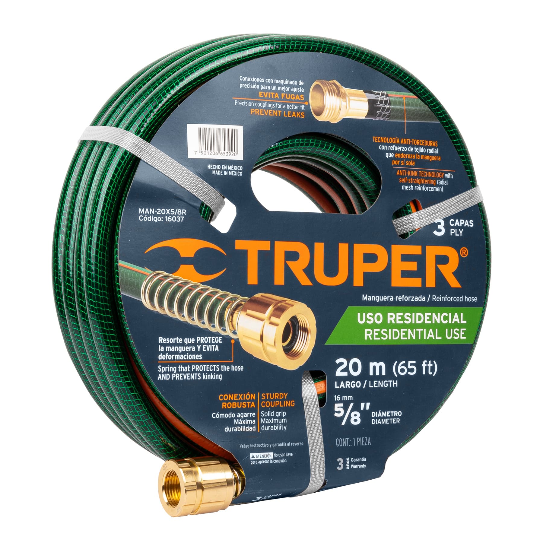 Manguera 5/8'' Reforzada 3 Capas Truper Conexiones de Metal 20 m