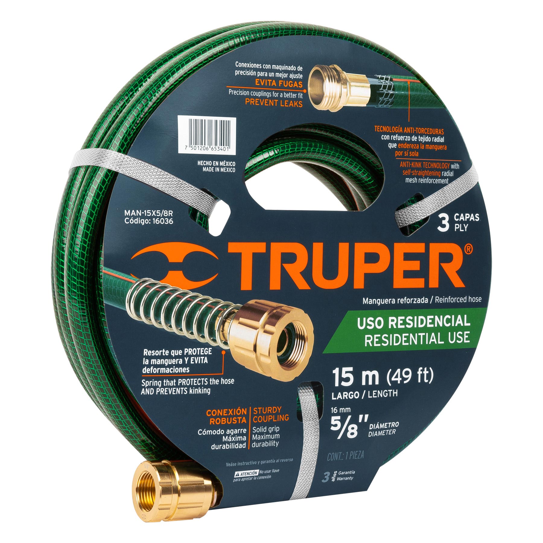 Manguera 5/8'' Reforzada 3 Capas Truper Conexiones de Metal 15 m