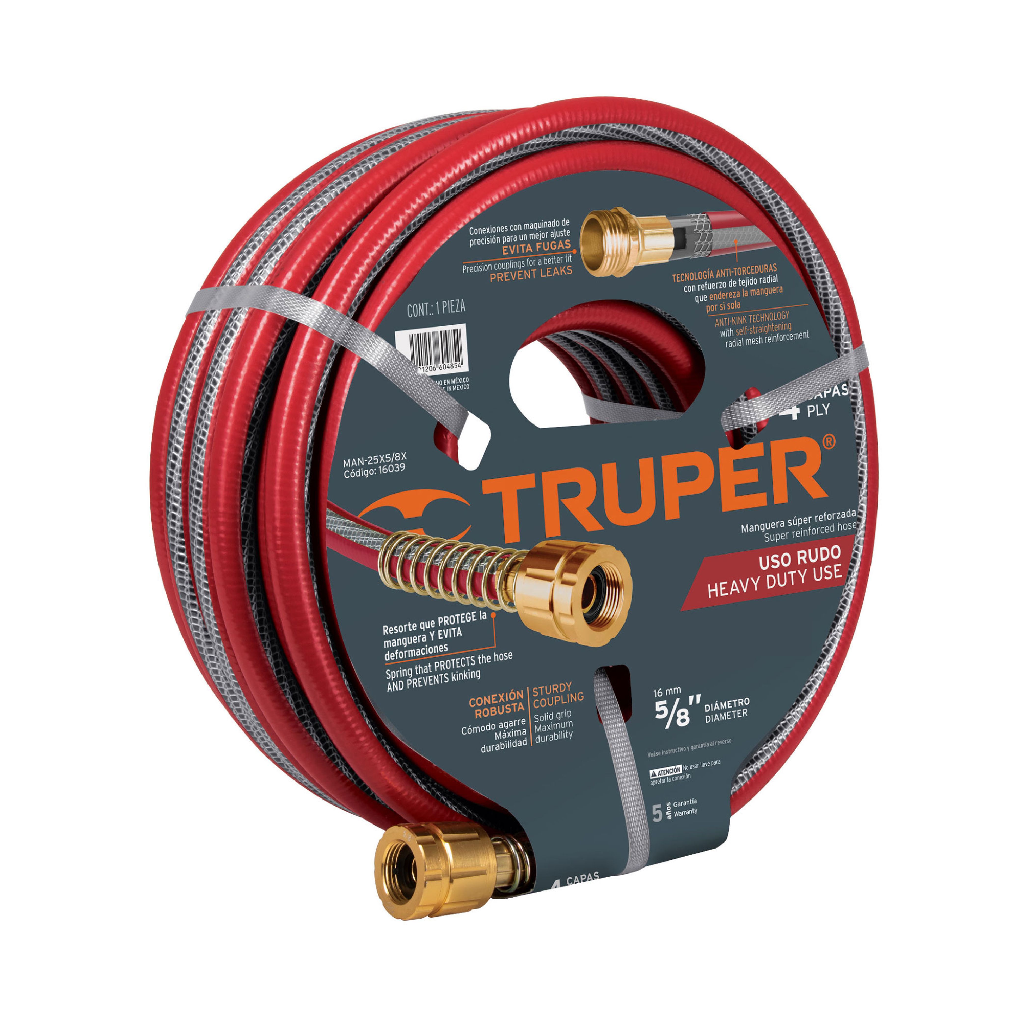 Manguera 5/8'' Super Reforzada 4 Capas Truper Conexiones Metal 20m