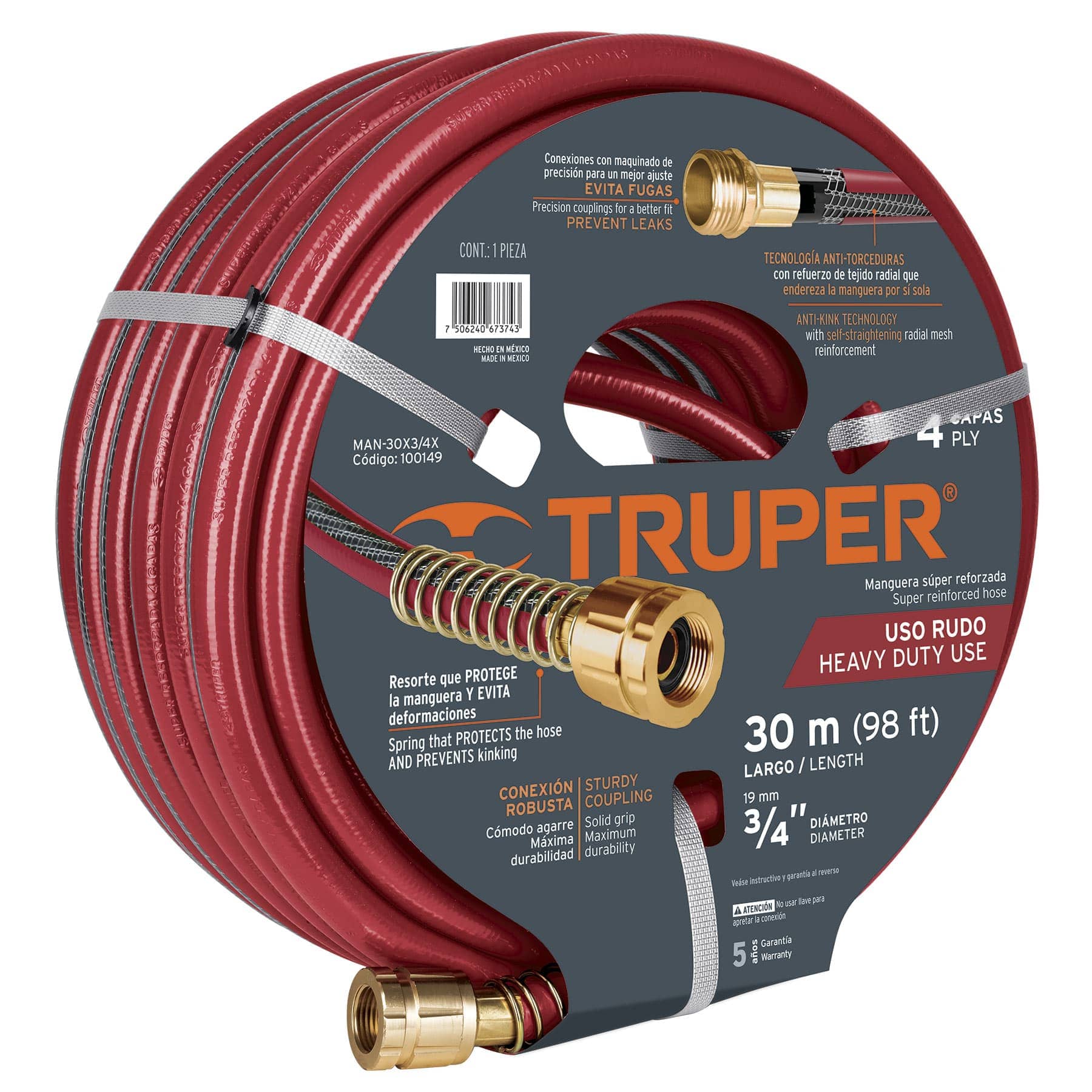 Manguera 3/4'' Truper color Rojo Super Reforzada 4 Capas Conexiones metal de 30 m $849