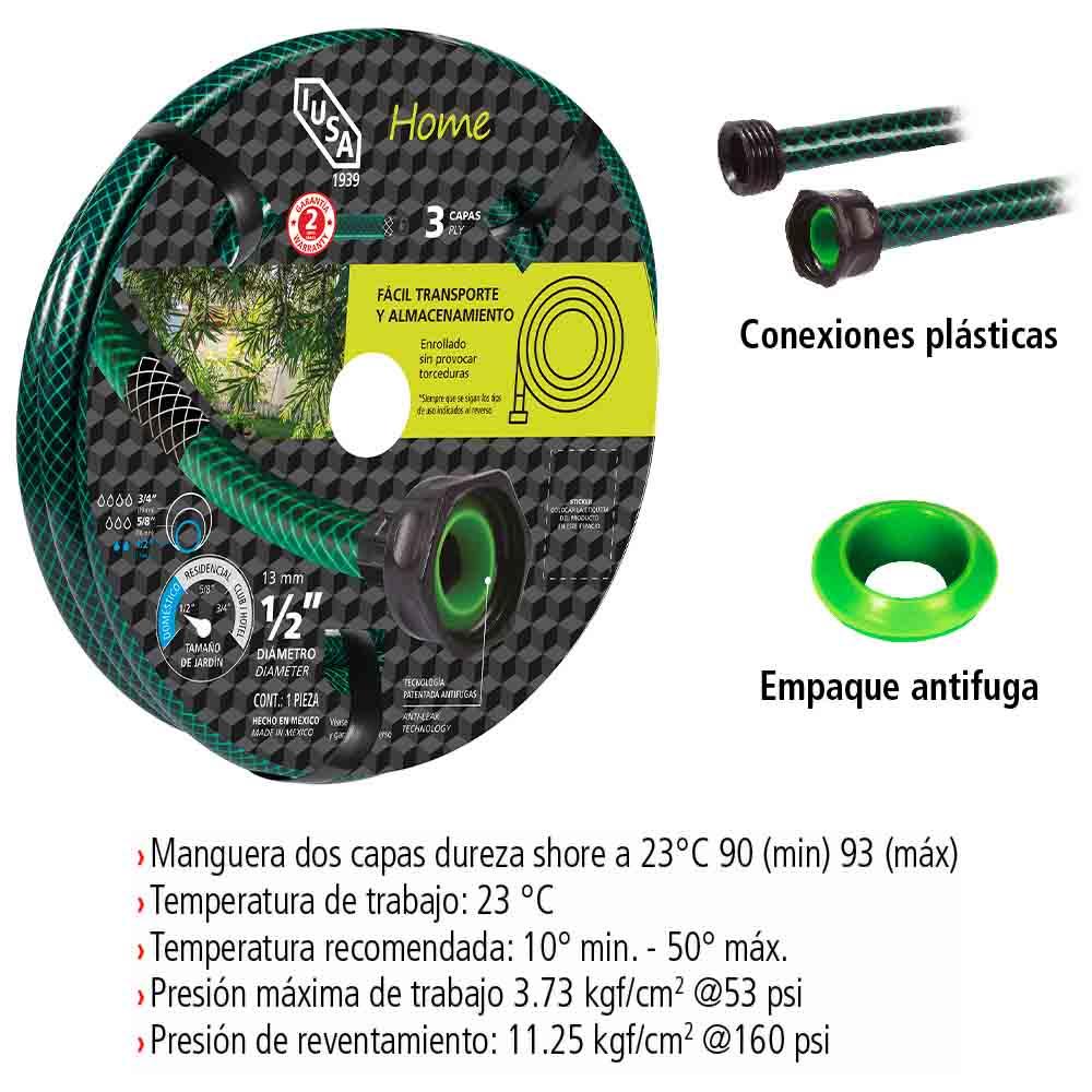 Foto 4 | Manguera 20m Home Tricapa 1/2” Iusa con Conexiones Plásticas Planas