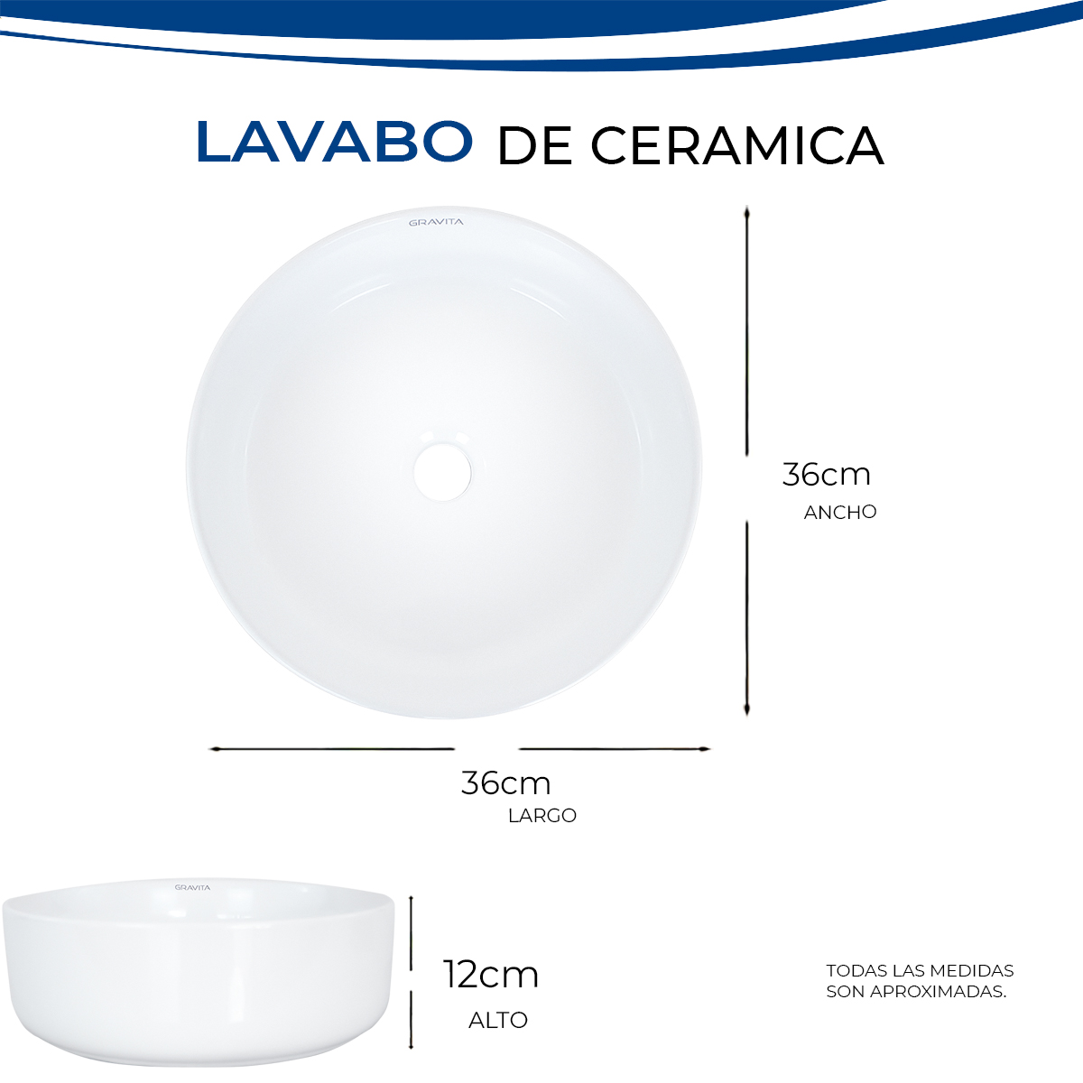 Foto 4 | Lavabo Redondo de Cerámica Gravita Blanco sin Rebosadero Sobre Cubierta