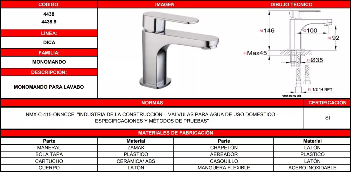 Foto 5 pulgar | Monomando Para Lavabo De Baño Acero Inoxidable 4438.9 Dica Acabado Cromado Color Plateado