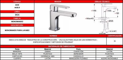Foto 4 | Monomando Para Lavabo De Baño Acero Inoxidable 4438.9 Dica Acabado Cromado Color Plateado