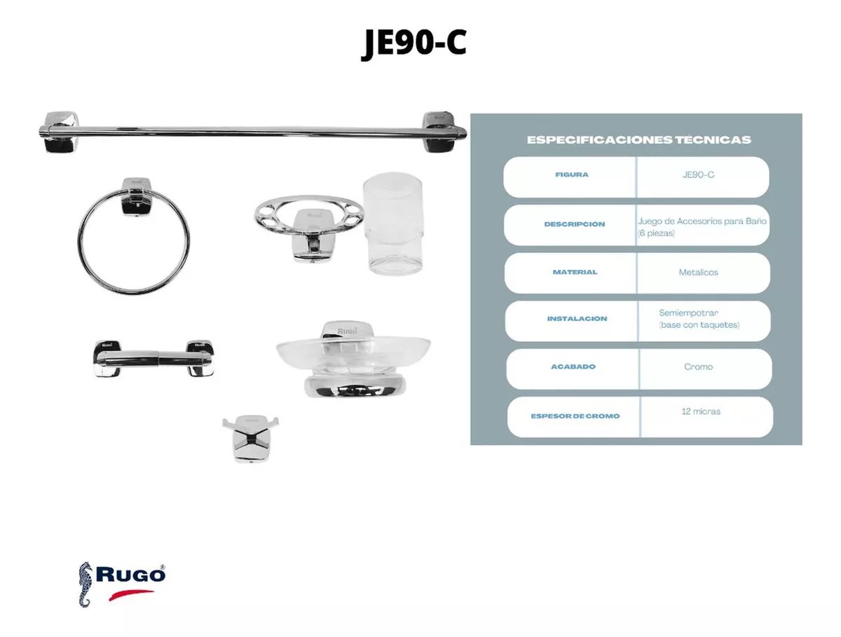 Foto 3 pulgar | Juego de Accesorios para Baño Rugo Je90-c Acabado Cromo