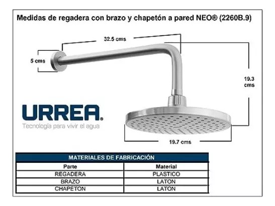 Foto 4 | Regadera Urrea 2260b.9 20cm Con Brazo Y Chapetón Neo Acabado Acero Inoxidable Color Acero Inoxidable