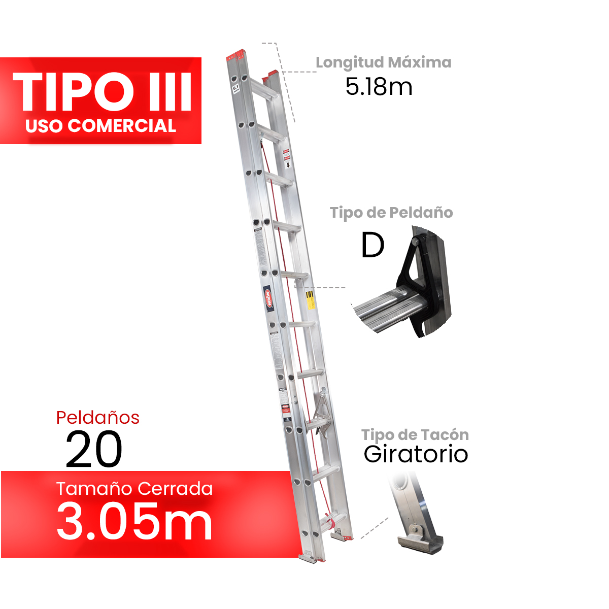Foto 1 | Escalera De Extensión Akron 82-01 | De Aluminio | Altura Ajustable De 3.05m A 6.28m | 20 Peldaños | Uso Comercial
