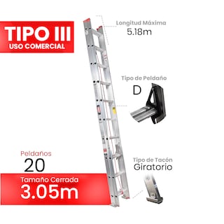 Foto 1 | Escalera De Extensión Akron 82-01 | De Aluminio | Altura Ajustable De 3.05m A 6.28m | 20 Peldaños | Uso Comercial