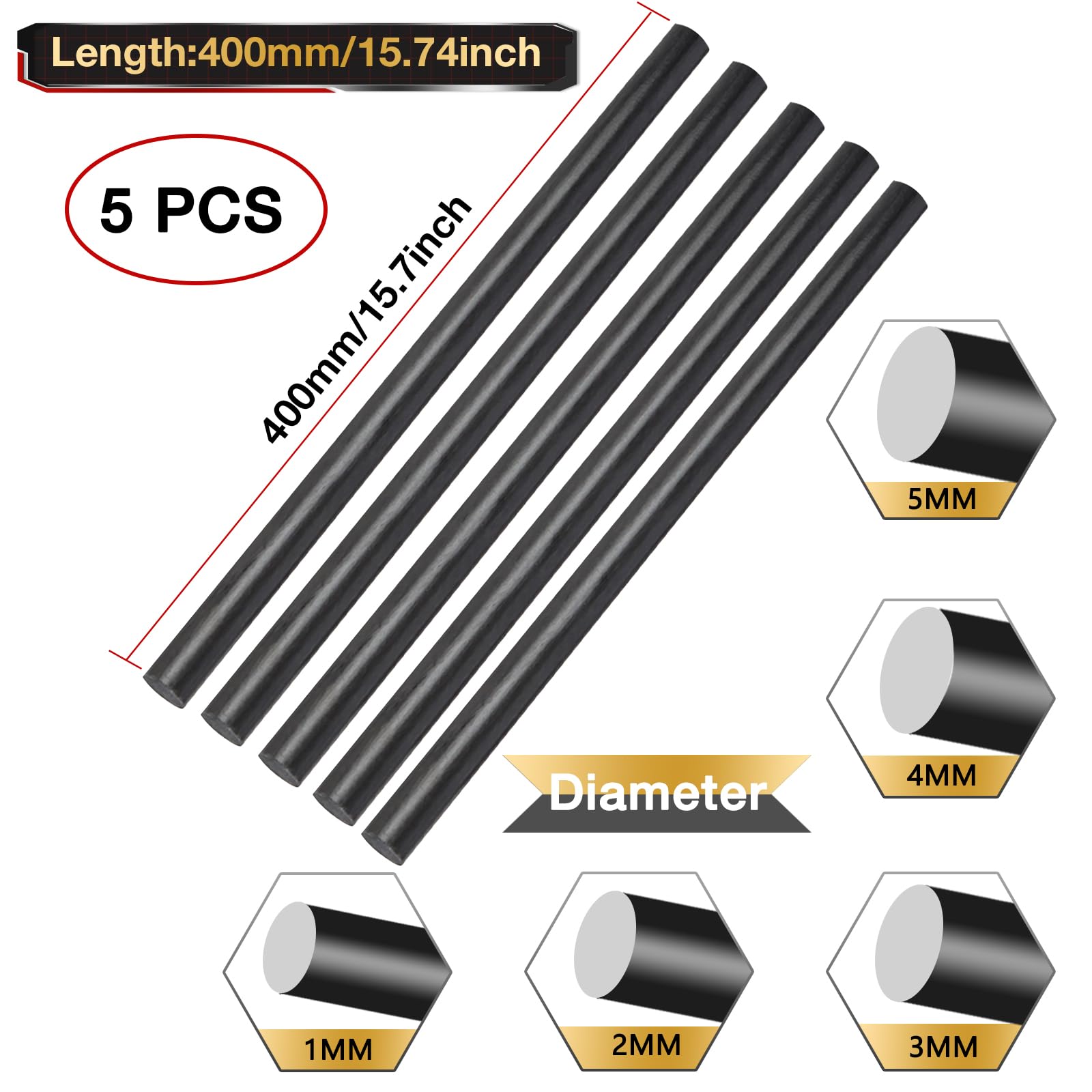 Foto 7 pulgar | Varilla De Fibra De Carbono Arris De 9,0 Mm De Diámetro, 400 Mm De Largo, 5 Piezas - Venta Internacional.