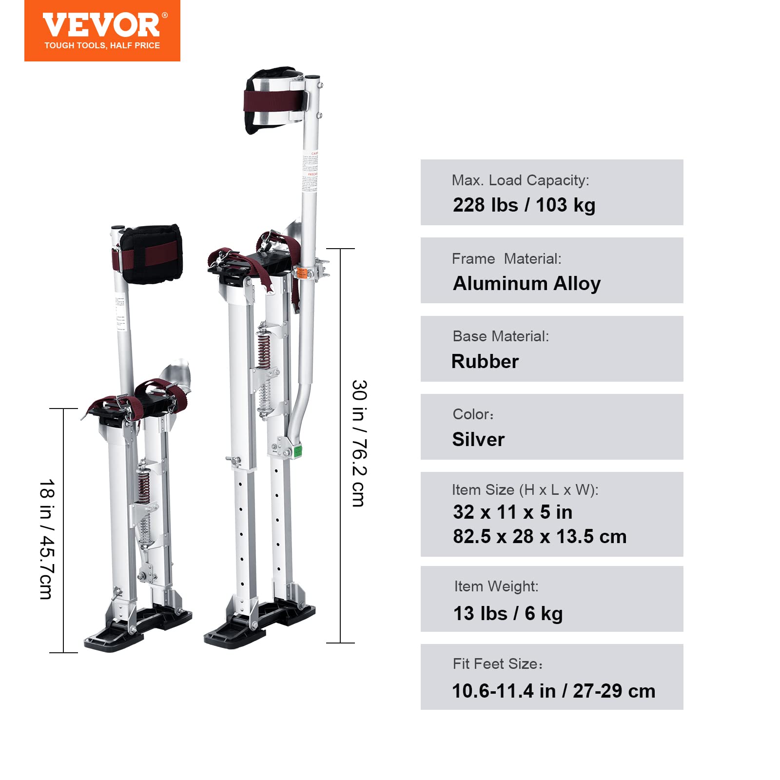 Foto 8 pulgar | Stilts Vevor De Aluminio Ajustable Para Paneles De Yeso De 18 A 30 Pulgadas Con Rodillera - Venta Internacional.