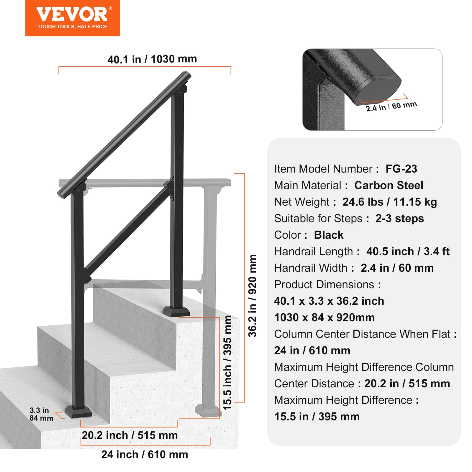 Foto 8 pulgar | Barandilla Vevor Para Escaleras Exteriores De 2 A 3 Peldaños De Acero Al Carbono - Venta Internacional.