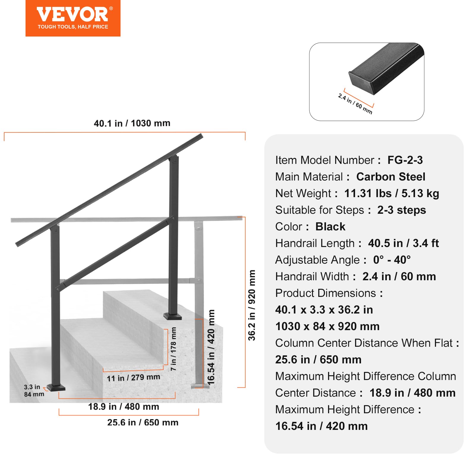 Foto 8 pulgar | Barandilla Vevor Outdoor Para Escaleras De 2 A 3 Peldaños, Acero Al Carbono - Venta Internacional.