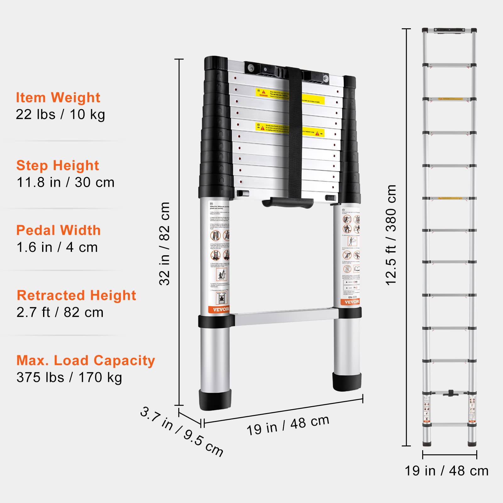 Foto 8 pulgar | Escalera Telescópica Vevor De Aluminio De 12,5 Pies Con Capacidad Para 170 Kg - Venta Internacional.