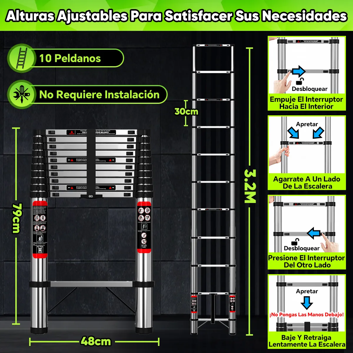 Foto 5 pulgar | Escalera Telescópica De Acero Inoxidable Portátil  Eo Safe Imports Esi-20750 Plateada