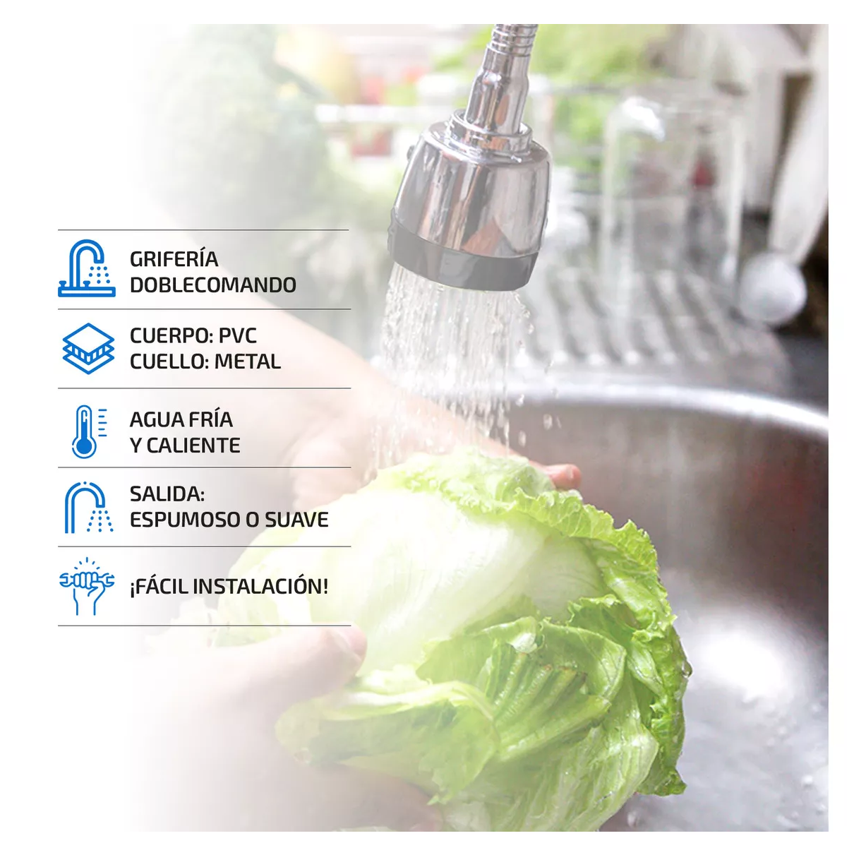 Foto 4 pulgar | Grifo Mezclador Doble Comando Cromado Cuello Flexible Para Cocina Y Fregadero Plateado