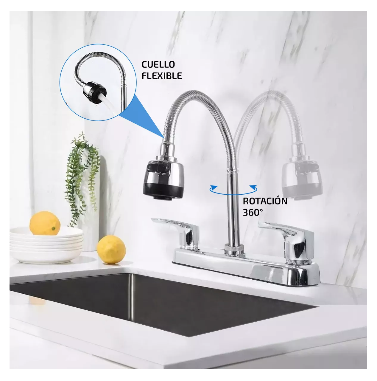Foto 5 | Grifo Mezclador Doble Comando Cromado Cuello Flexible Para Cocina Y Fregadero Plateado