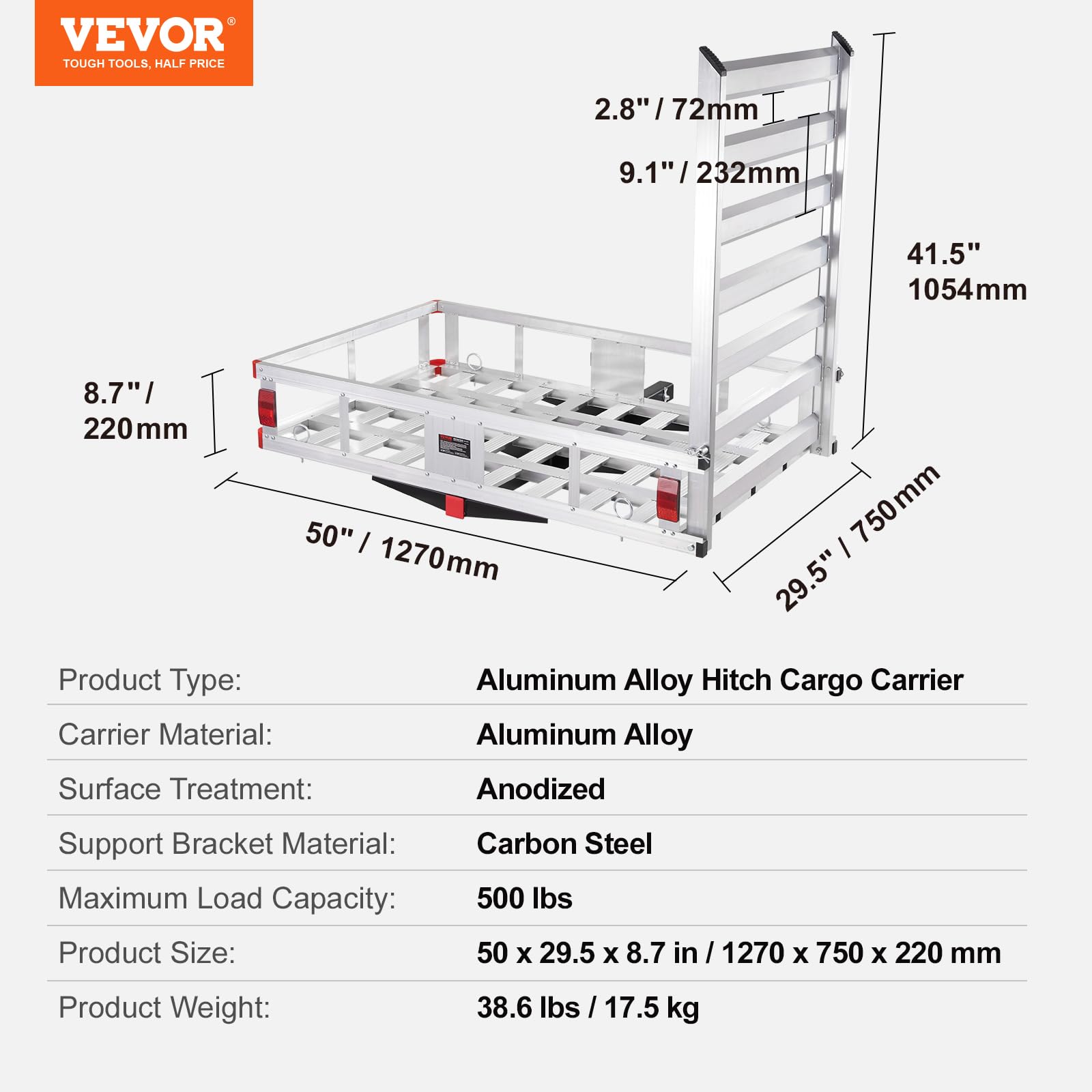 Foto 8 pulgar | Transportador De Carga Hitch Vevor, 50 X 75 X 22 Cm, 227 Kg, Aluminio Con Rampa - Venta Internacional.