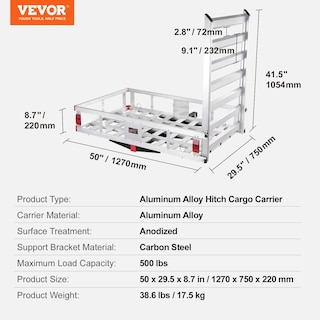 Foto 7 | Transportador De Carga Hitch Vevor, 50 X 75 X 22 Cm, 227 Kg, Aluminio Con Rampa - Venta Internacional.