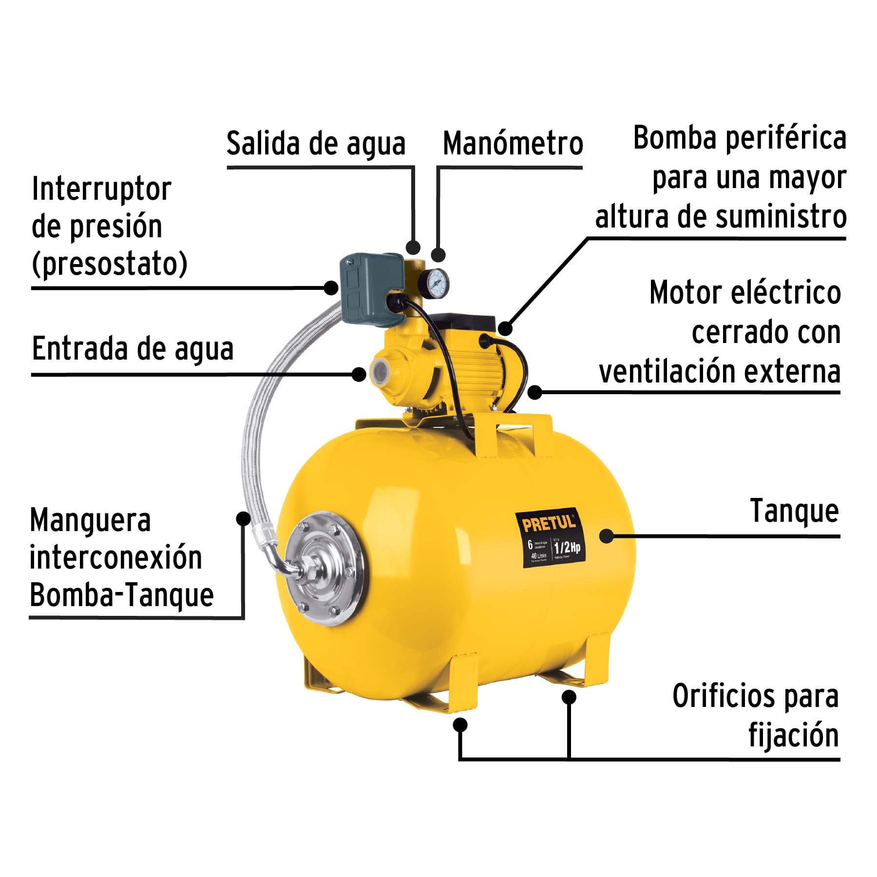 Foto 4 pulgar | Bomba Hidroneumática Pretul 50 L color Amarillo