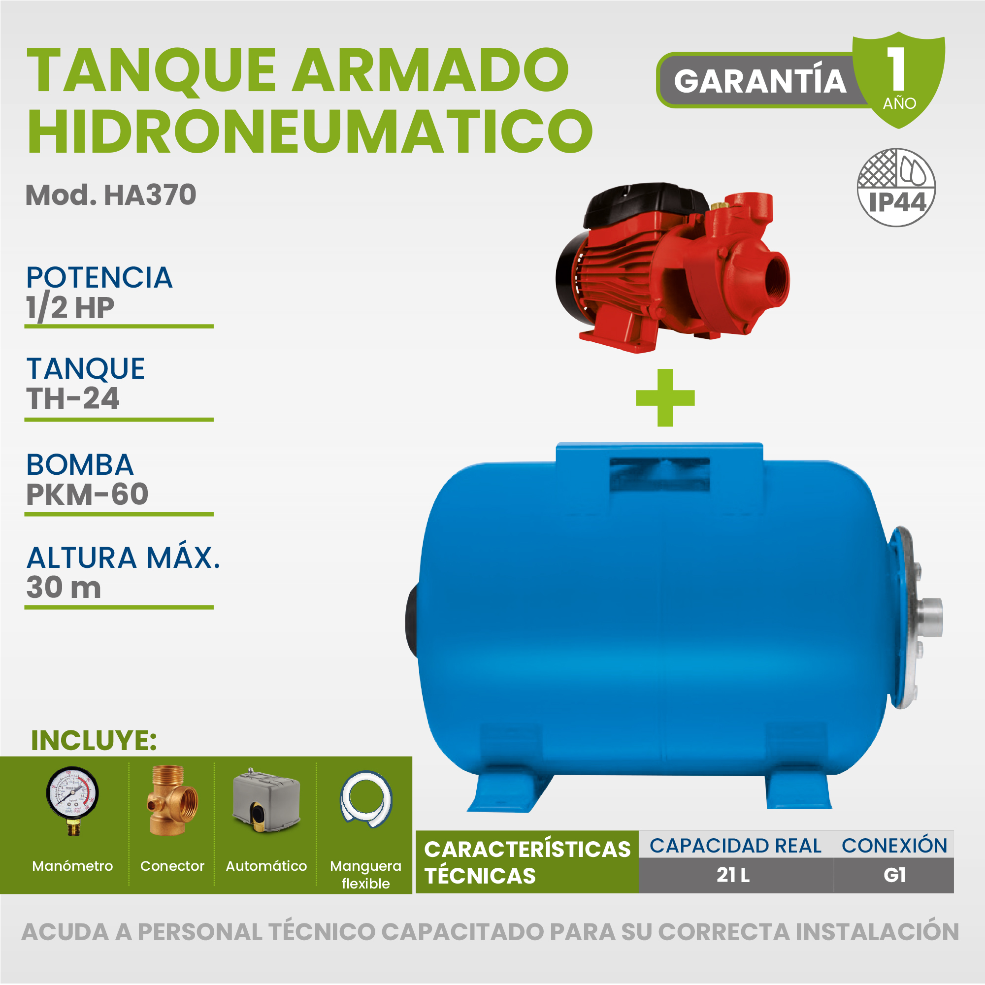 Foto 7 pulgar | Tanque Hidroneumático Armado De 21 L Con Bomba Periférica De 1/2 Hp