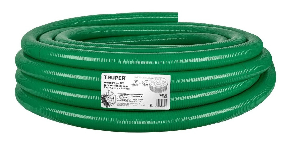 Manguera de Succión Truper 100959 color Verde para Motobomba PVC Rígida 2" 50 MM X 30 M