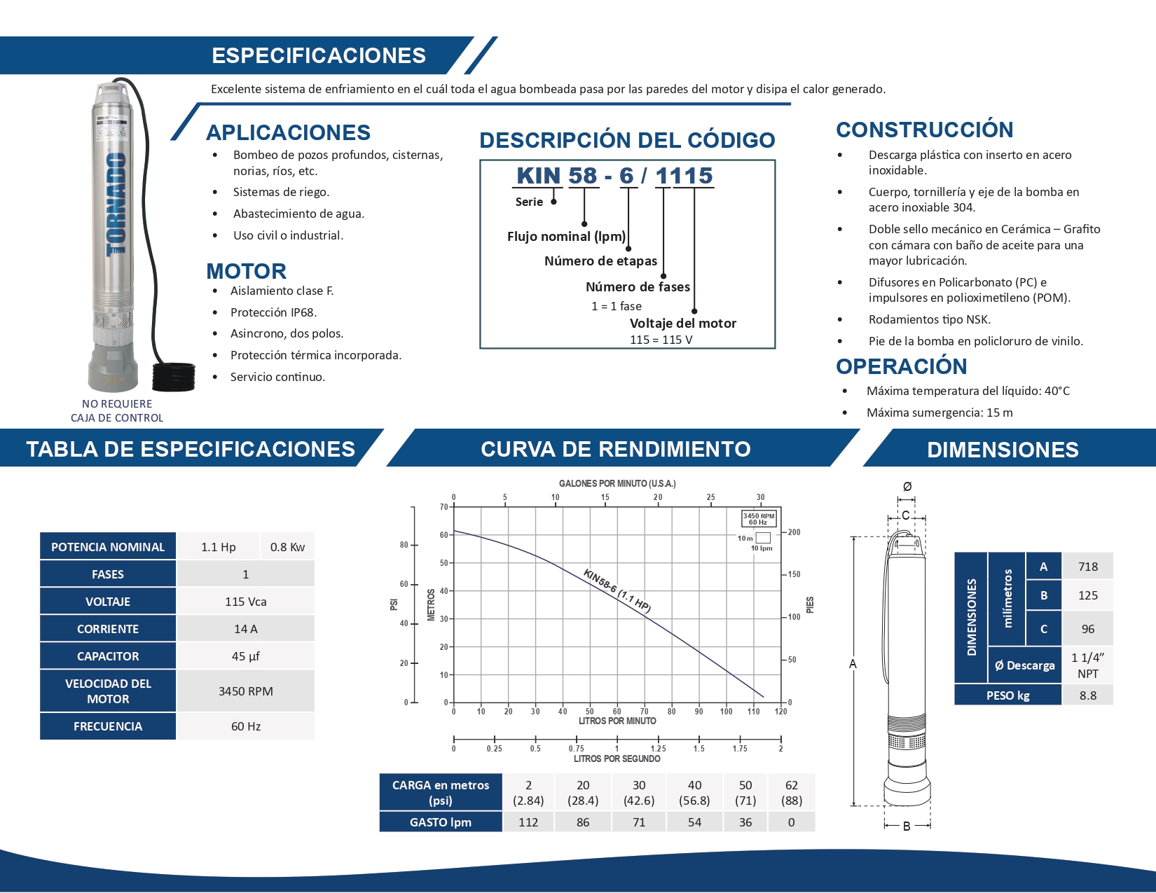 Foto 6 pulgar | Motobomba Sumergible Para Agua Limpia Marca Tornado Serie Kin Kin58-6/1115 1 .1 Hp , 115 Volts.