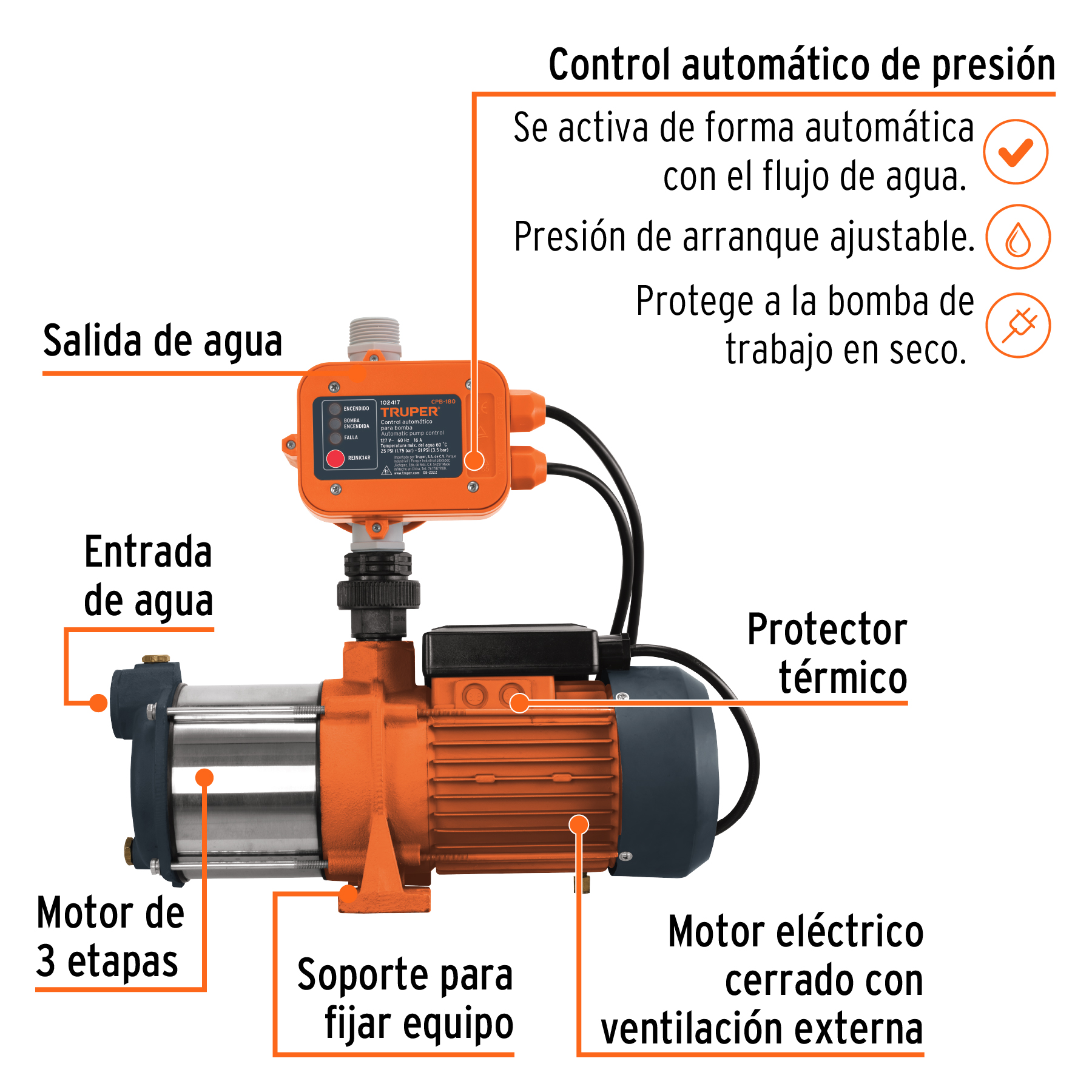 Foto 2 | Bomba Presurizadora Multietapas Truper PREM-1 color Naranja 1 Hp