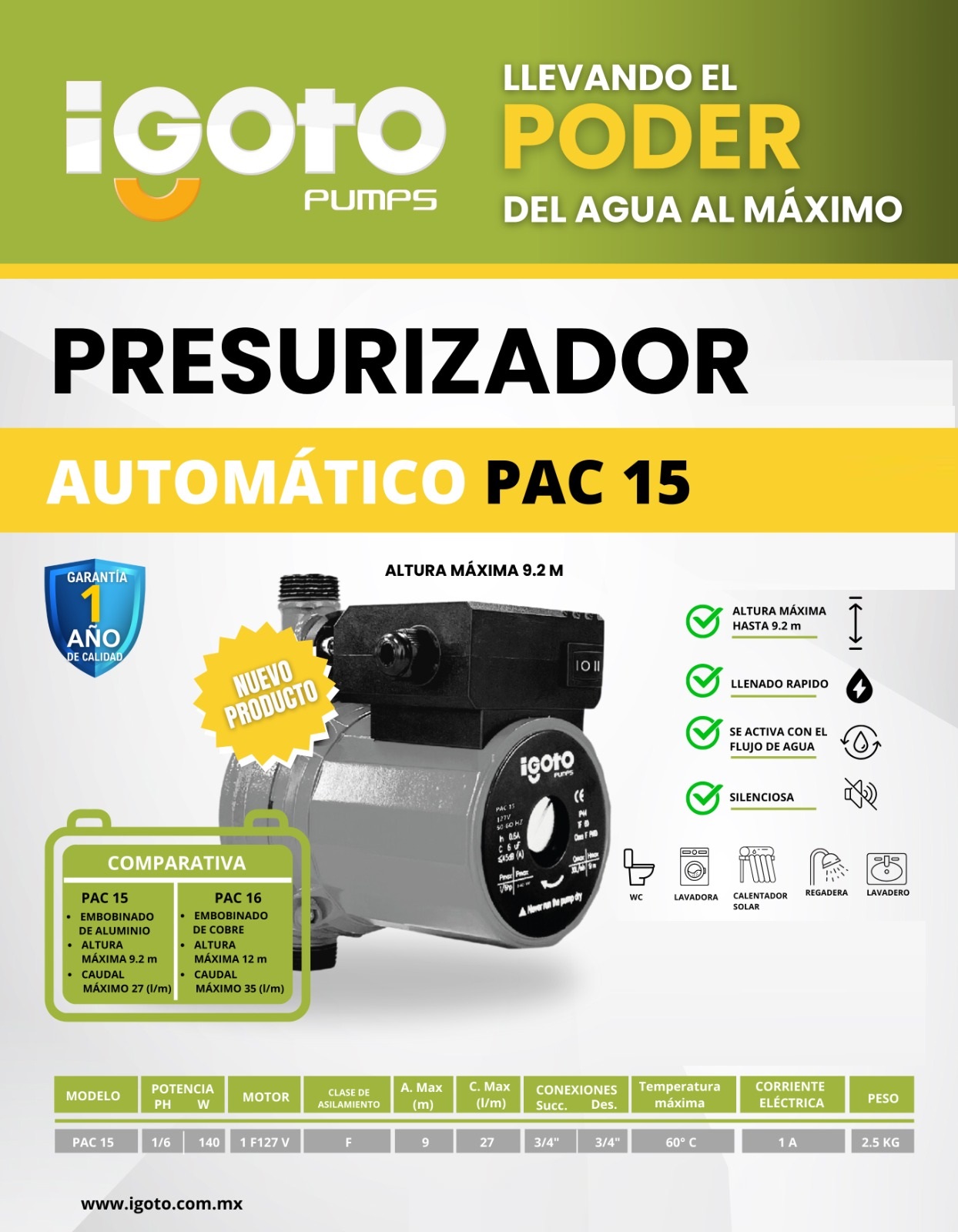 Foto 2 | Presurizador 1/6 Hp 140w Ip44  1 Servicio