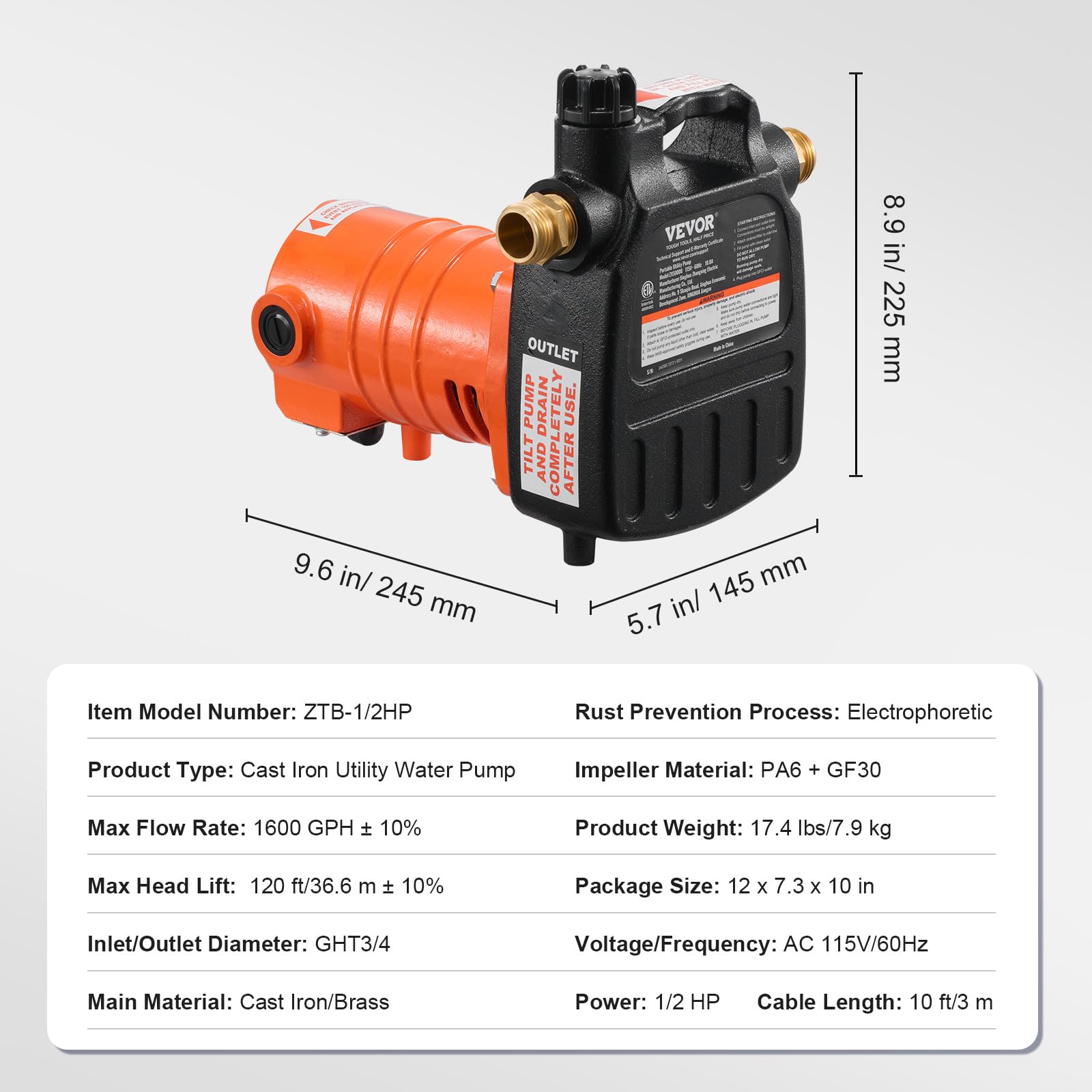Foto 7 | Bomba De Transferencia De Agua Vevor 115v Ac 1600 Gph 1/2hp De Hierro Fundido - Venta Internacional.