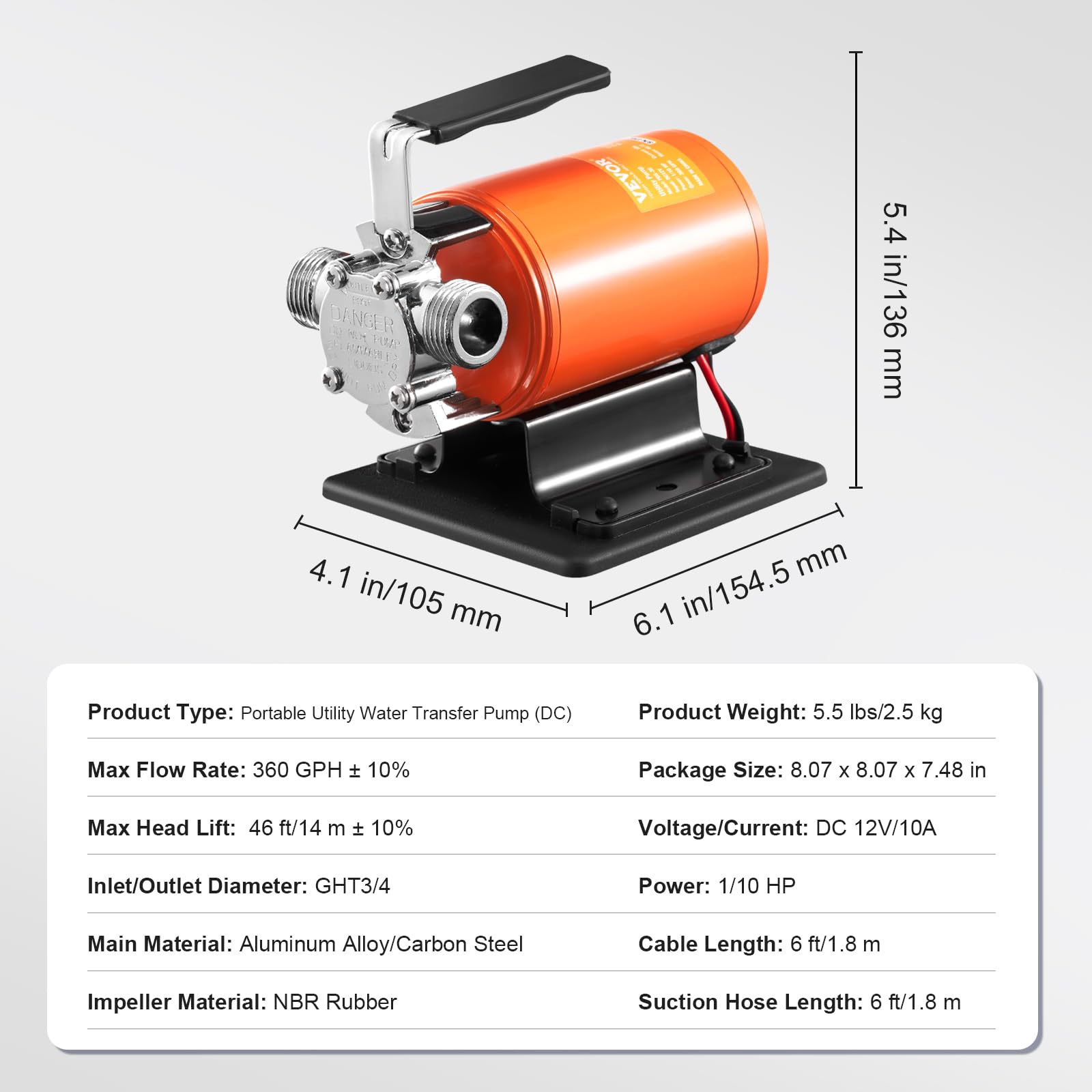 Foto 7 | Bomba De Transferencia De Agua Vevor 12v 360lph 14m Con Kit De Manguera De Succión - Venta Internacional.