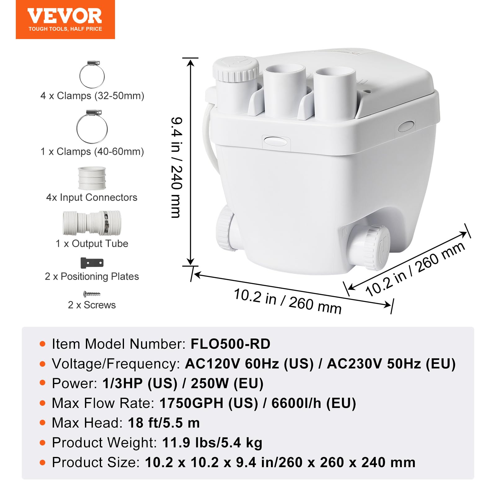 Foto 8 pulgar | Sistema De Bomba De Sumidero Vevor, 1/3 Hp, 120 V, 1750 Gph, Cabezal De 5,5 M, Blanco - Venta Internacional.