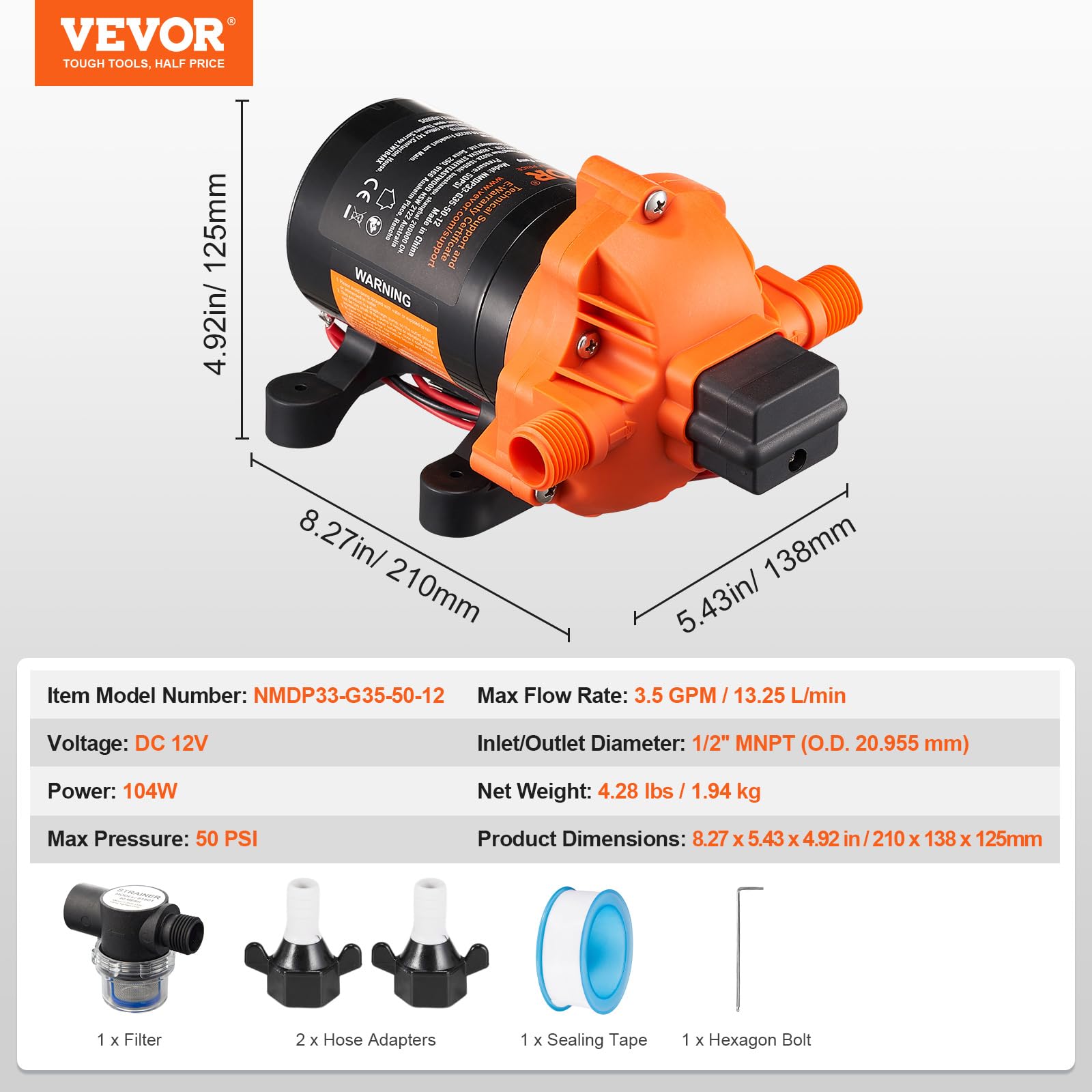 Foto 8 pulgar | Bomba De Diafragma Vevor 12 V 13,25 L/min 3,5 Gpm, 3 Cámaras, 40-100 Psi - Venta Internacional.