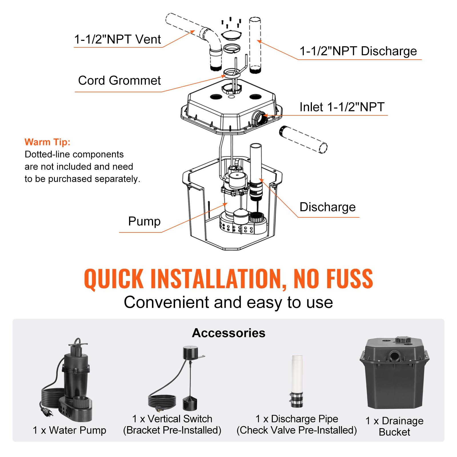 Foto 6 | Bomba De Fregadero Utilitaria Vevor 1/2 Hp 120 V 3500l/h Con Lavabo De 6 Galones - Venta Internacional.