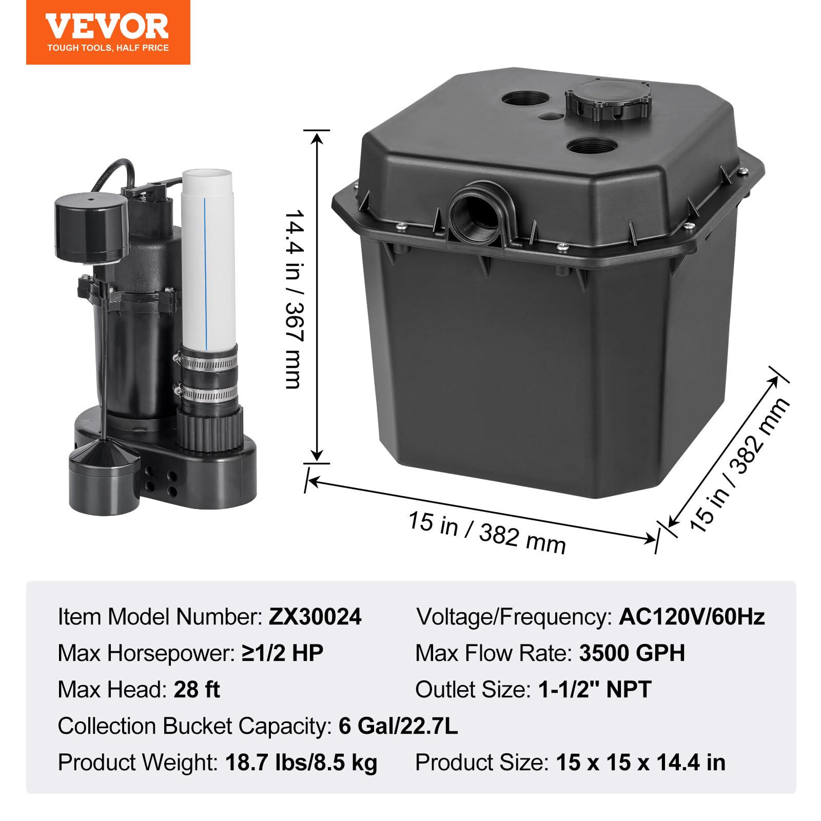 Foto 8 pulgar | Bomba De Fregadero Utilitaria Vevor 1/2 Hp 120 V 3500l/h Con Lavabo De 6 Galones - Venta Internacional.