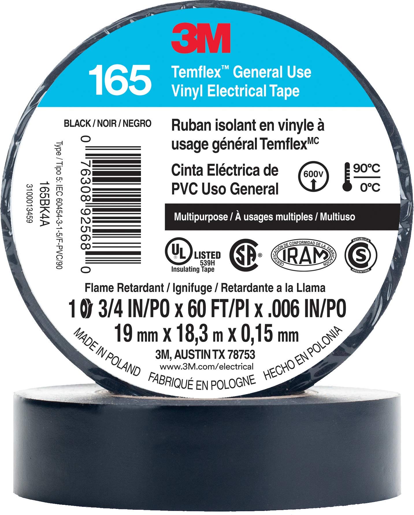 Cinta Aislante 3m Temflex 165 De Vinilo Negra, 19 Mm X 18 M, 10 Rollos - Venta Internacional.