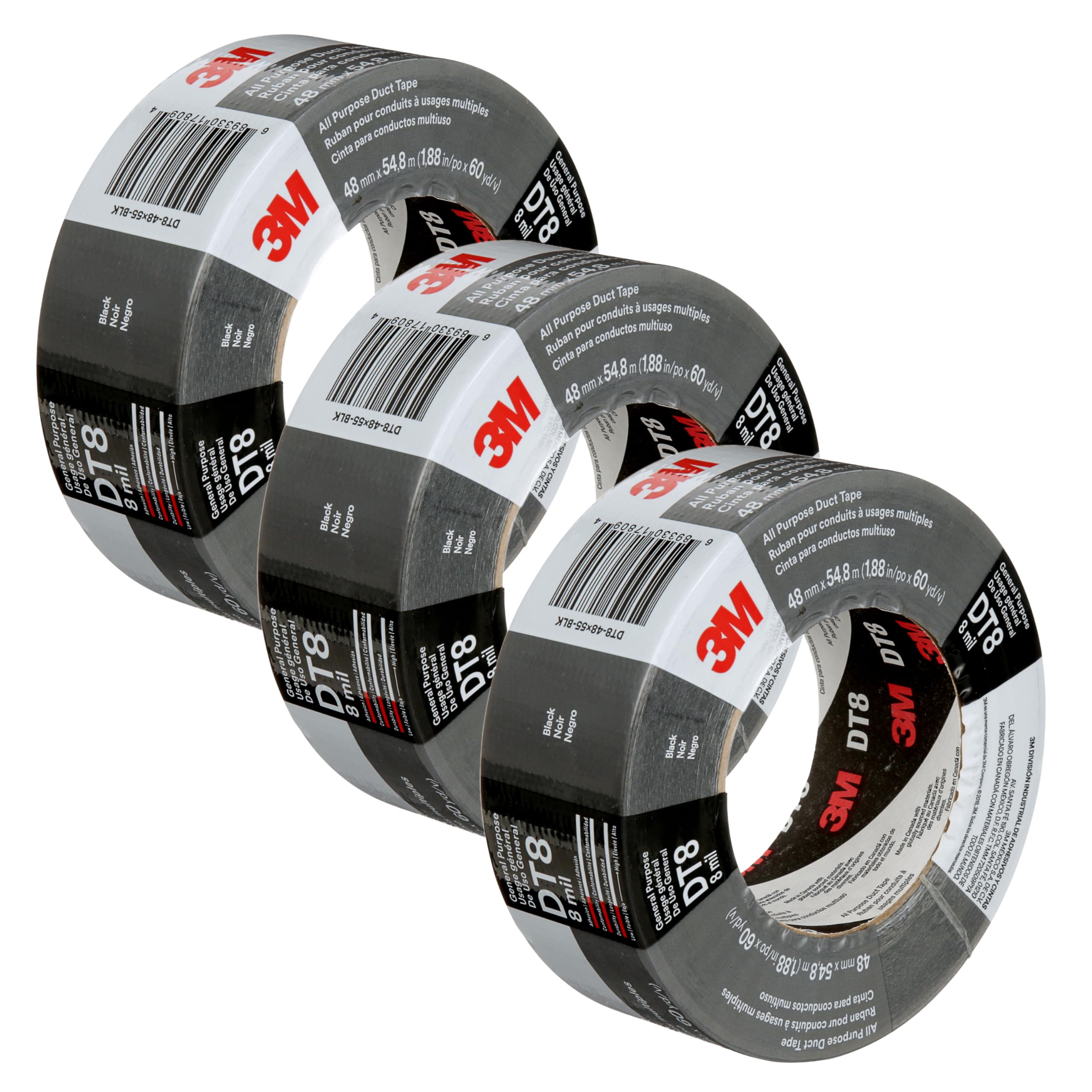 Cinta Adhesiva 3m Dt8 De Resistencia Industrial, 1,88 Cm X 55 M, Paquete De 3 Unidades, Negra - Venta Internacional.