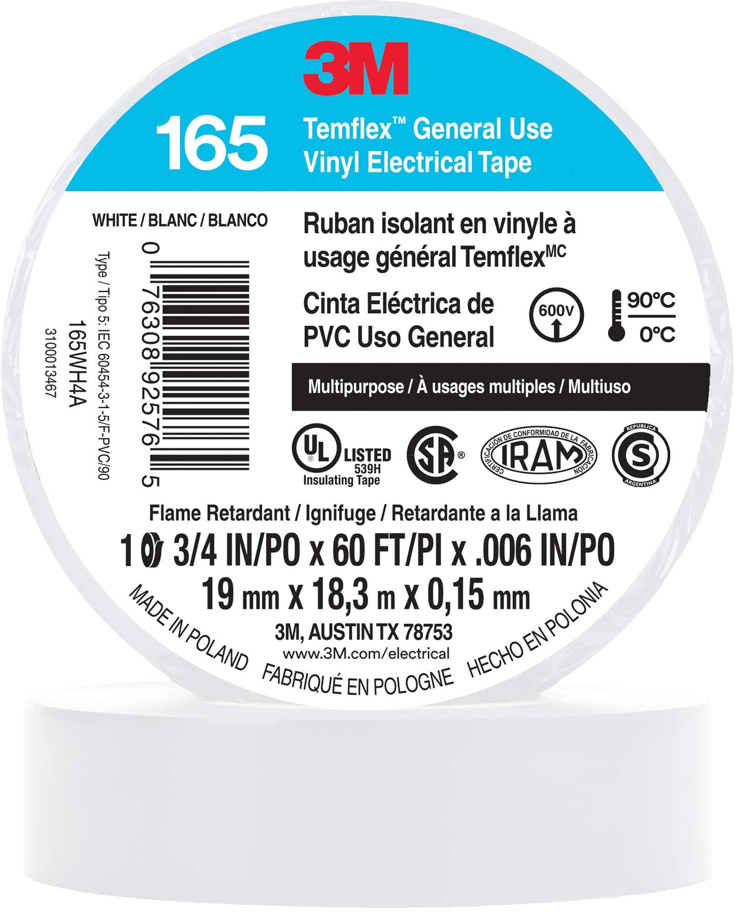 Cinta Aislante 3m Temflex 165 Blanca 19 Mm X 18 M, 10 Rollos - Venta Internacional.