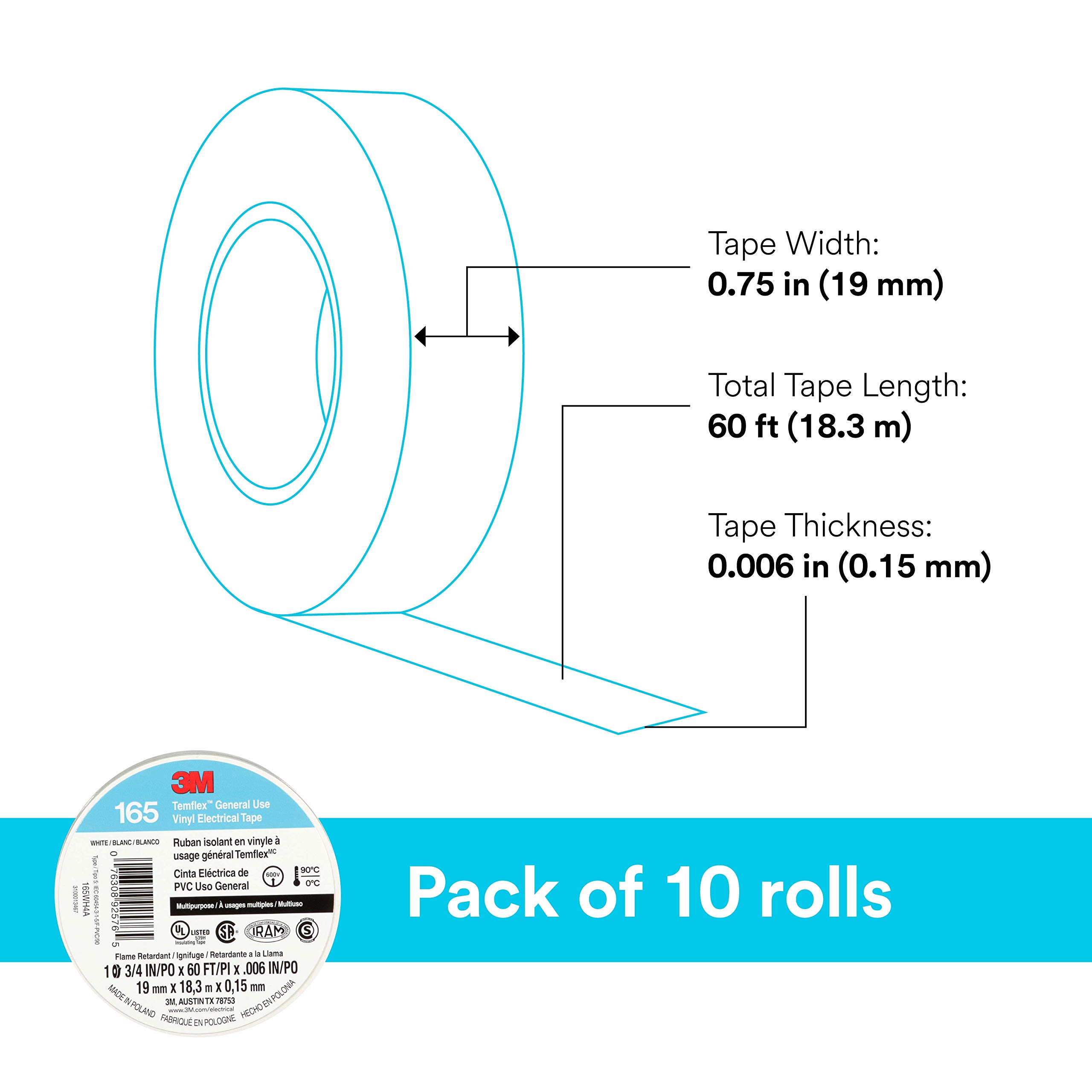 Foto 5 | Cinta Aislante 3m Temflex 165 Blanca 19 Mm X 18 M, 10 Rollos - Venta Internacional.