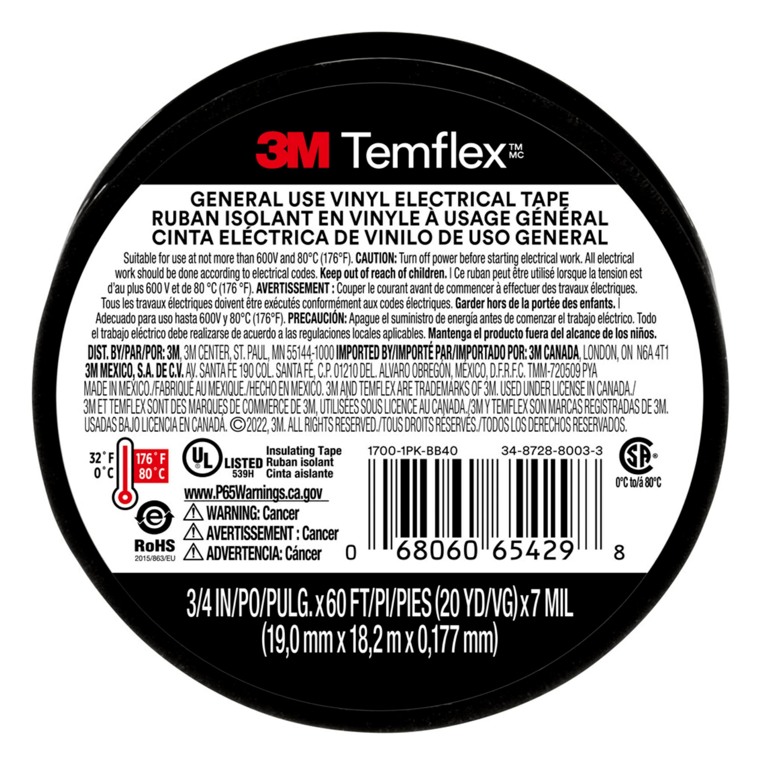 Foto 3 | Cinta Aislante 3m Temflex 1700 19 Mm X 18 M Negra (3 Rollos) - Venta Internacional.