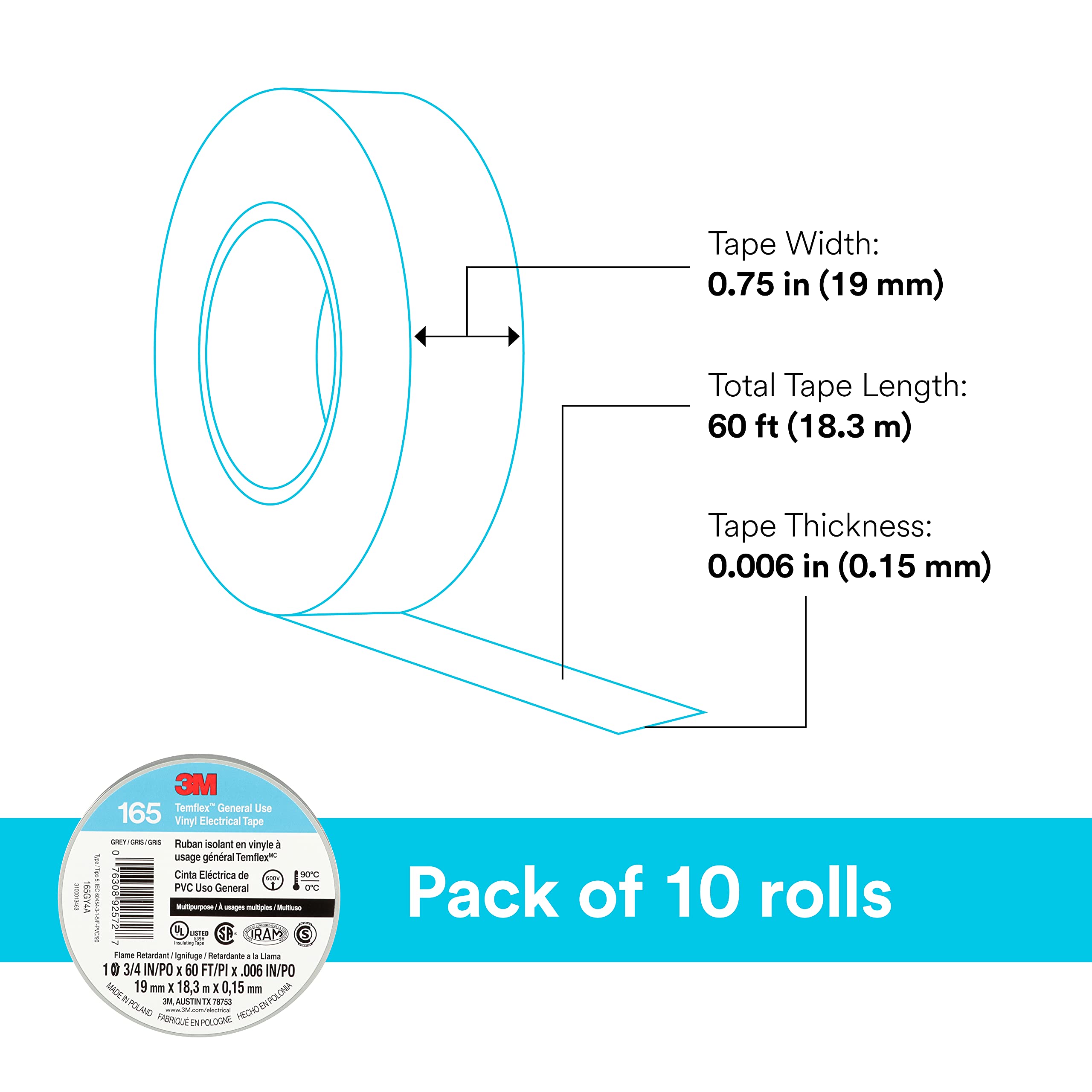 Foto 5 pulgar | Cinta Aislante 3m Temflex 165 Gris  19 Mm X 18 M  Paquete De 10 Rollos - Venta Internacional.