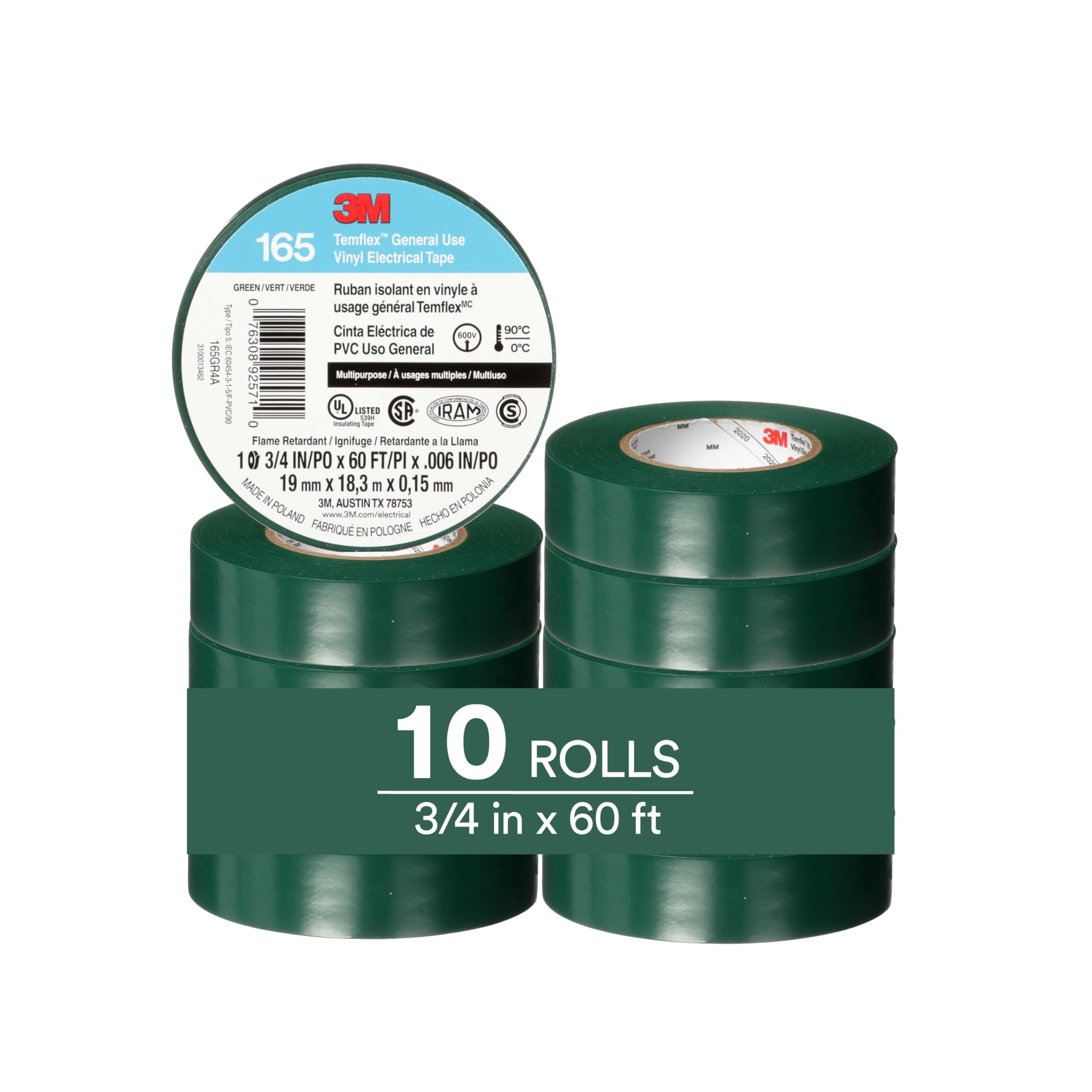 Foto 2 pulgar | Cinta Aislante 3m Temflex 165 Verde 19 Mm X 18 M  10 Rollos - Venta Internacional.