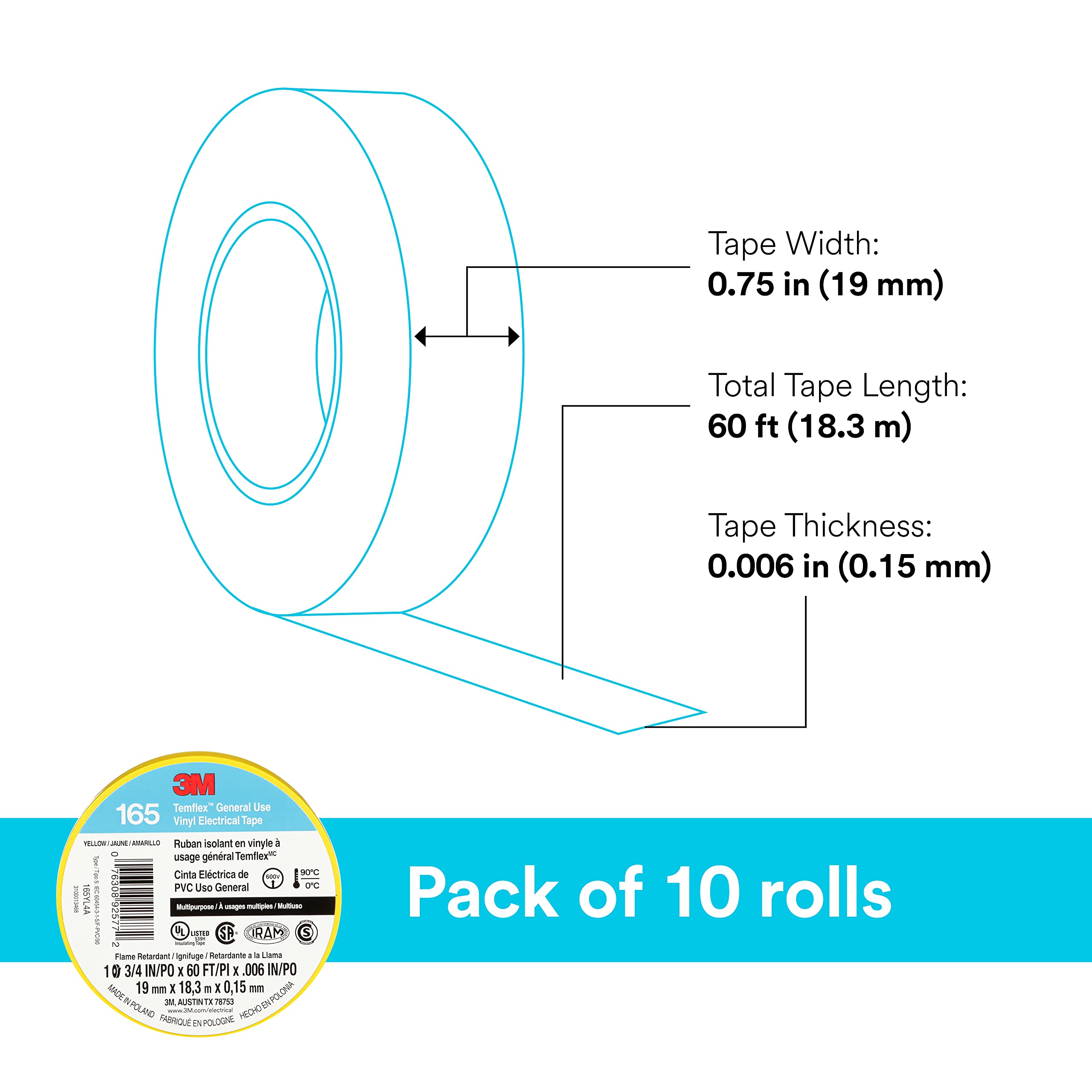 Foto 5 pulgar | Cinta Aislante 3m Temflex 165 Amarilla 19 Mm X 18 M  10 Rollos - Venta Internacional.
